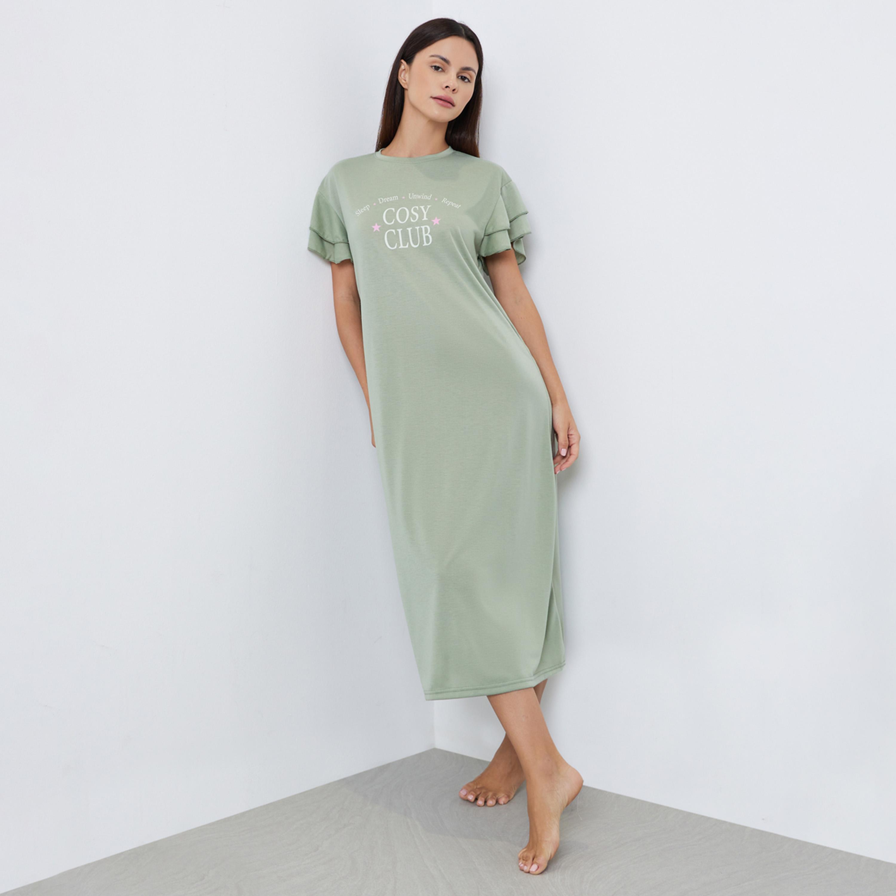 ستايلي - فستان نوم مريح بطبعة نادي وأكمام مكشكشة-women-clothing-nightwear-nighties-image-1