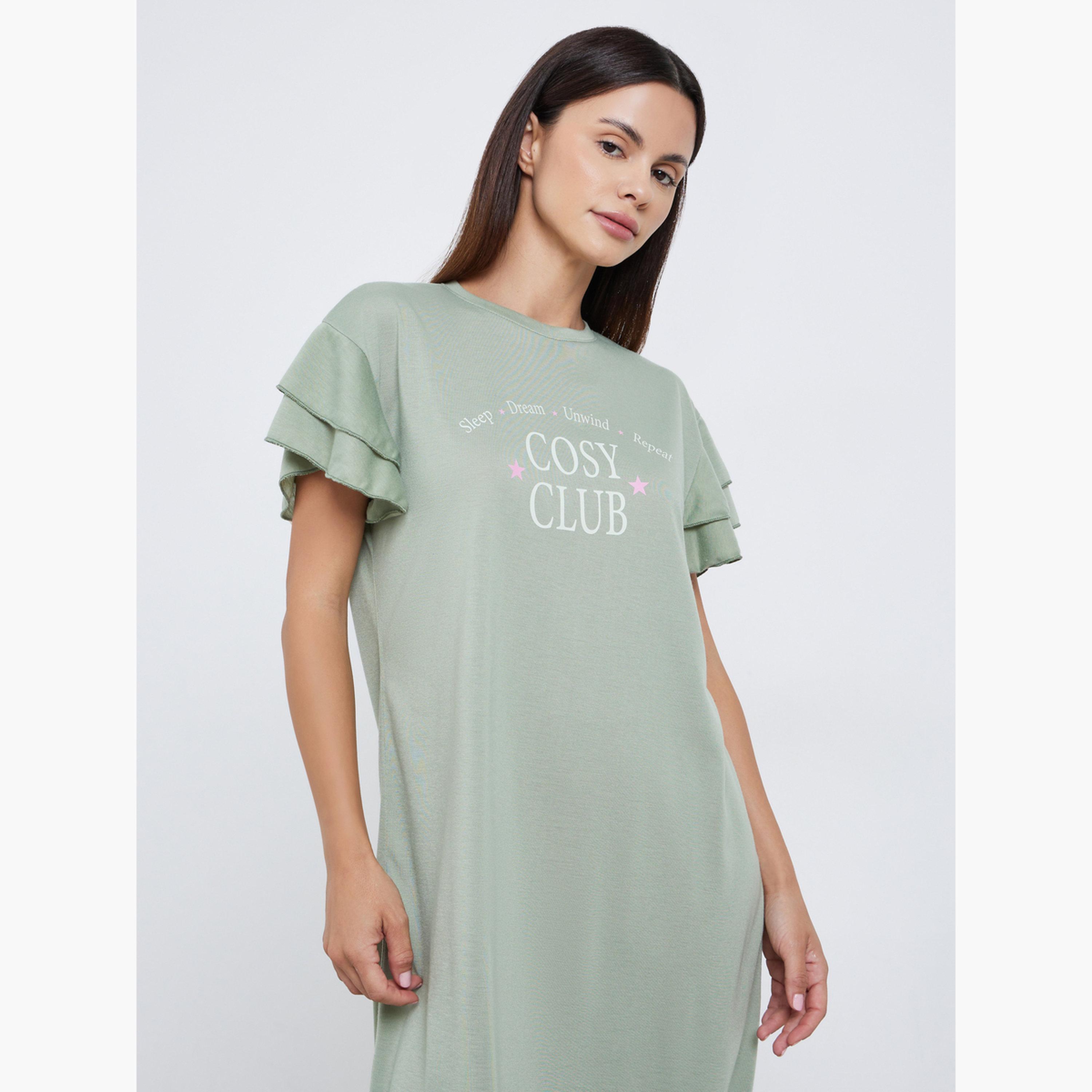 Styli Cozy Club Print Ruffle Sleeve Sleep T-Shirt Dress-women-clothing-nightwear-nighties-image-2