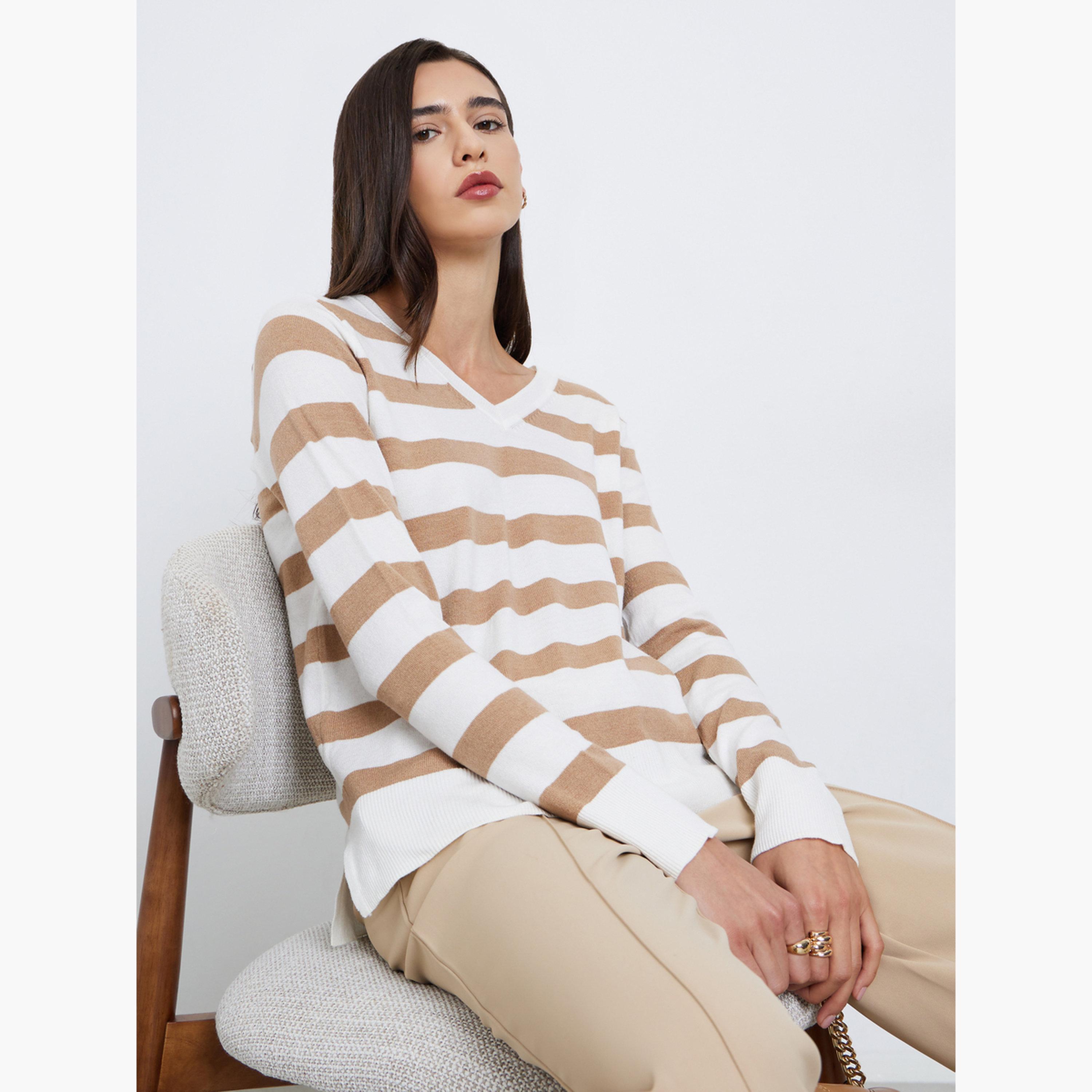 Styli Women Striped V Neck Sweater-women-clothing-cardigansandjumpers-jumpers-image-3