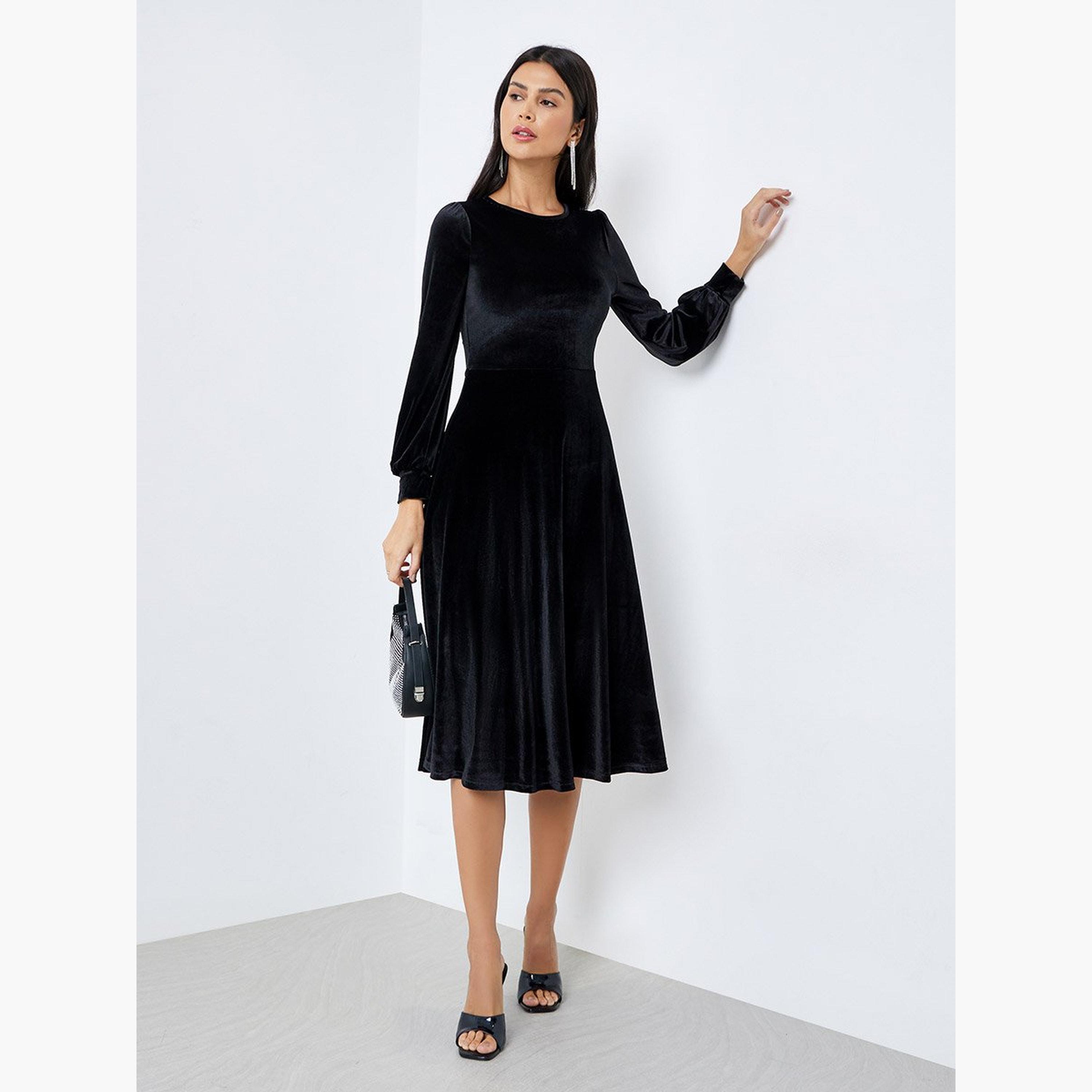 Styli Black Velvet Look Evening Midi Dress-women-clothing-dresses-image-1
