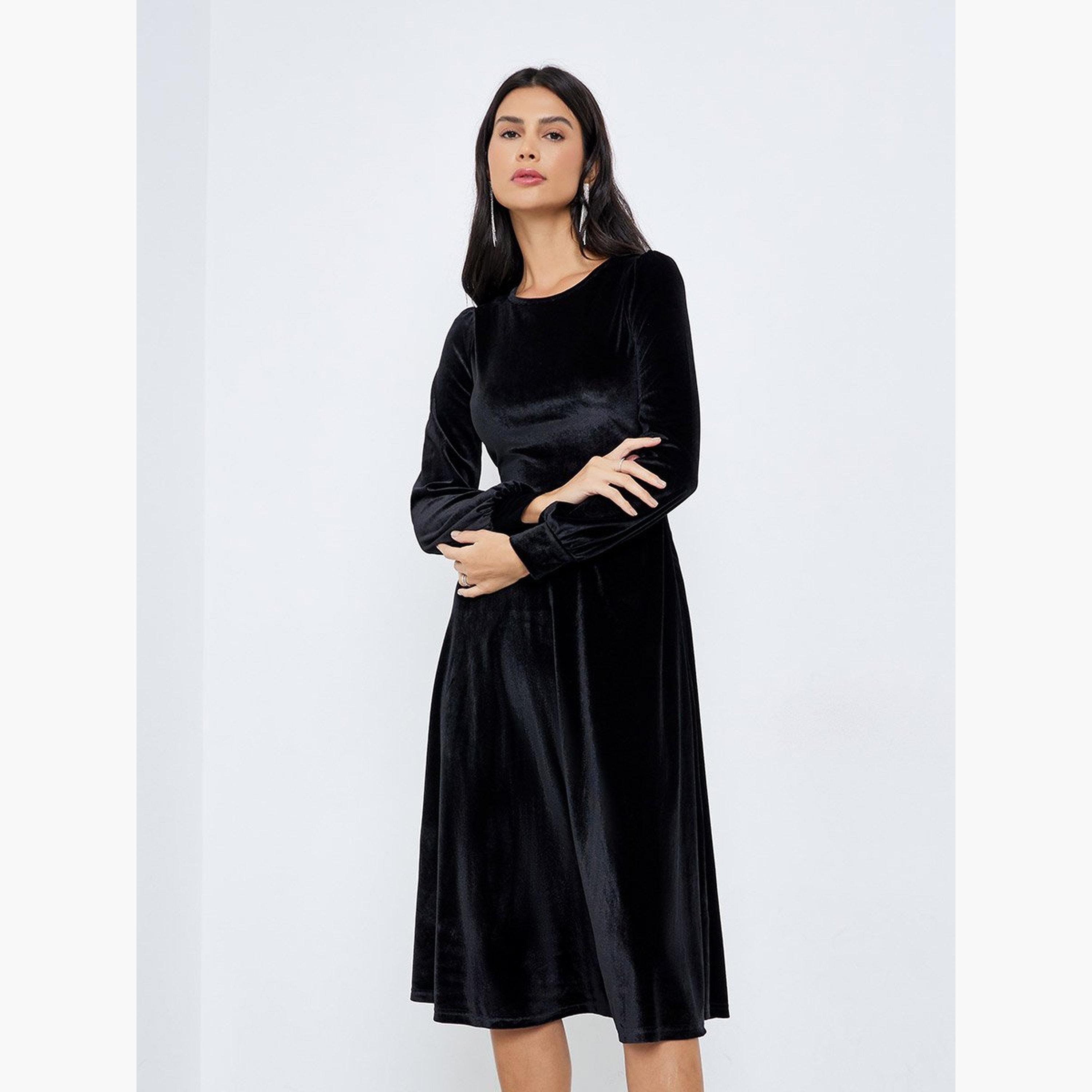 ستايلي - فستان سهرة متوسط ​​الطول بمظهر مخملي أسود-women-clothing-dresses-image-2