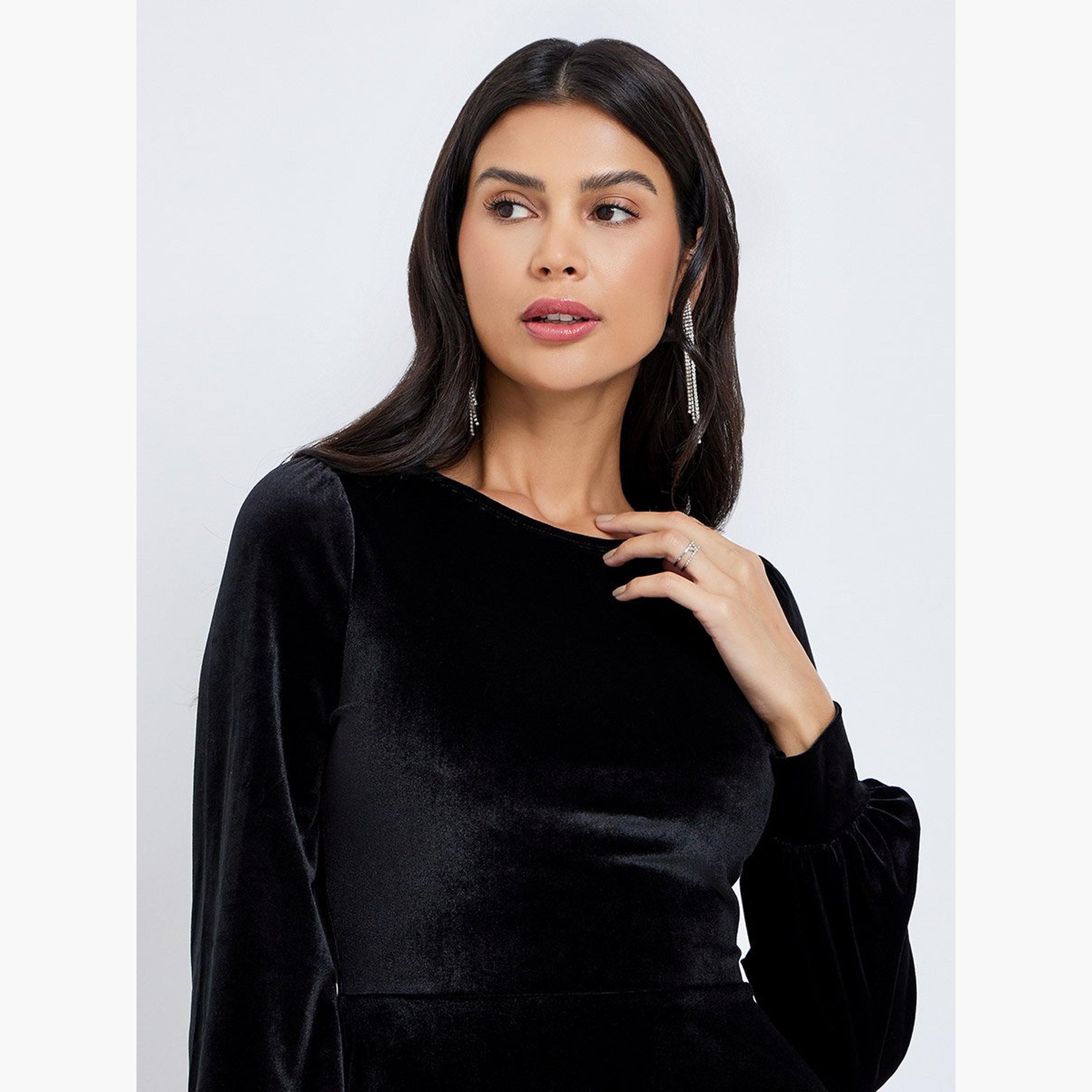 ستايلي - فستان سهرة متوسط ​​الطول بمظهر مخملي أسود-women-clothing-dresses-image-3