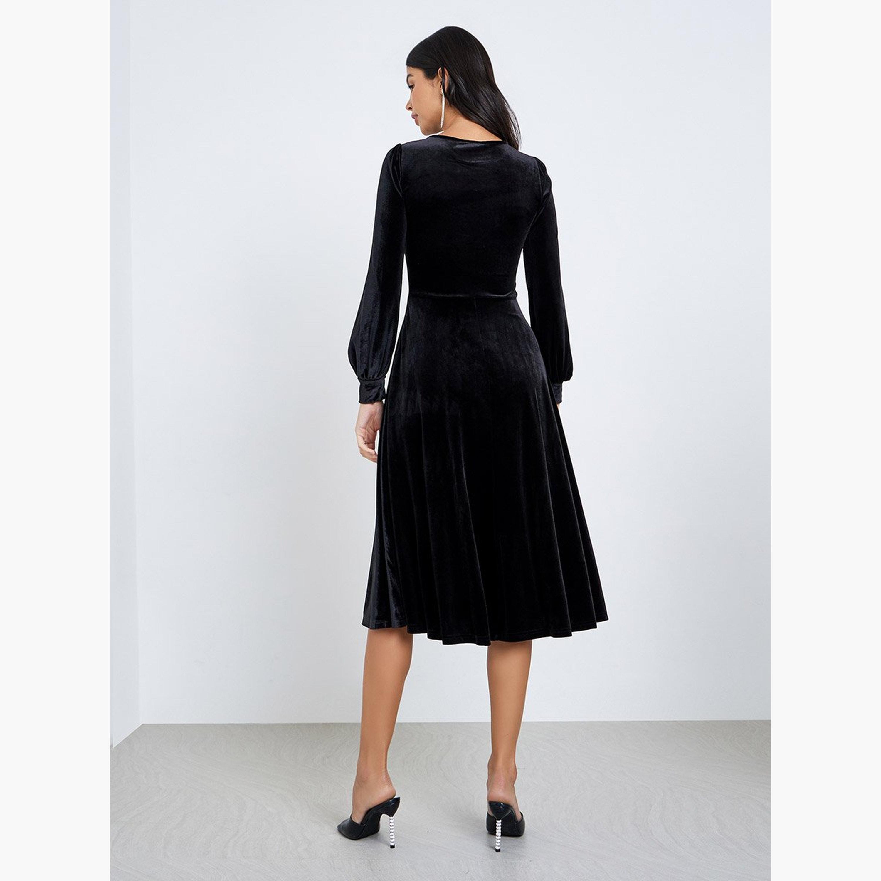 Styli Black Velvet Look Evening Midi Dress-women-clothing-dresses-image-4