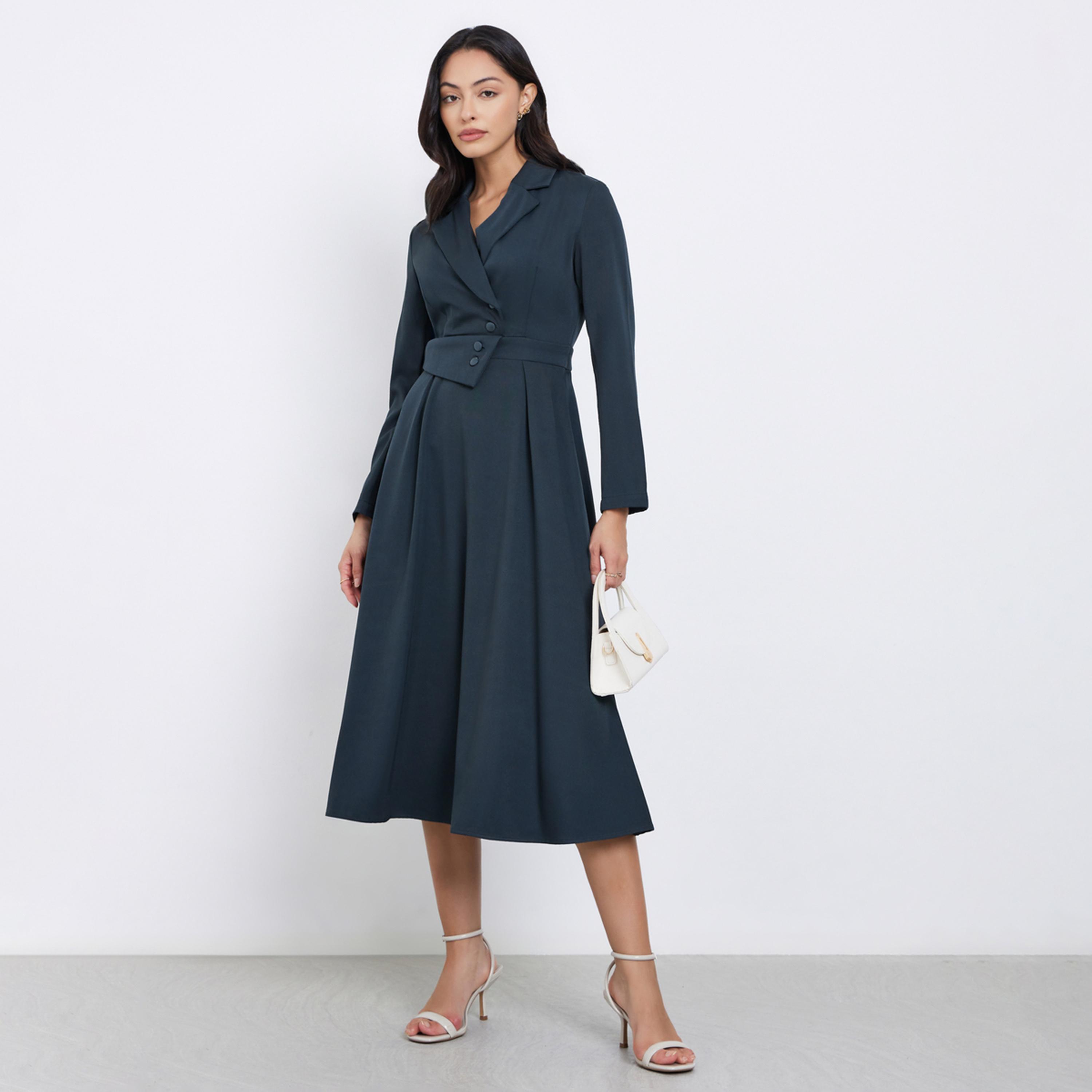 ستايلي - فستان بليزر متوسط ​​الطول بأكمام طويلة لون أزرق المخضر-women-clothing-dresses-image-1