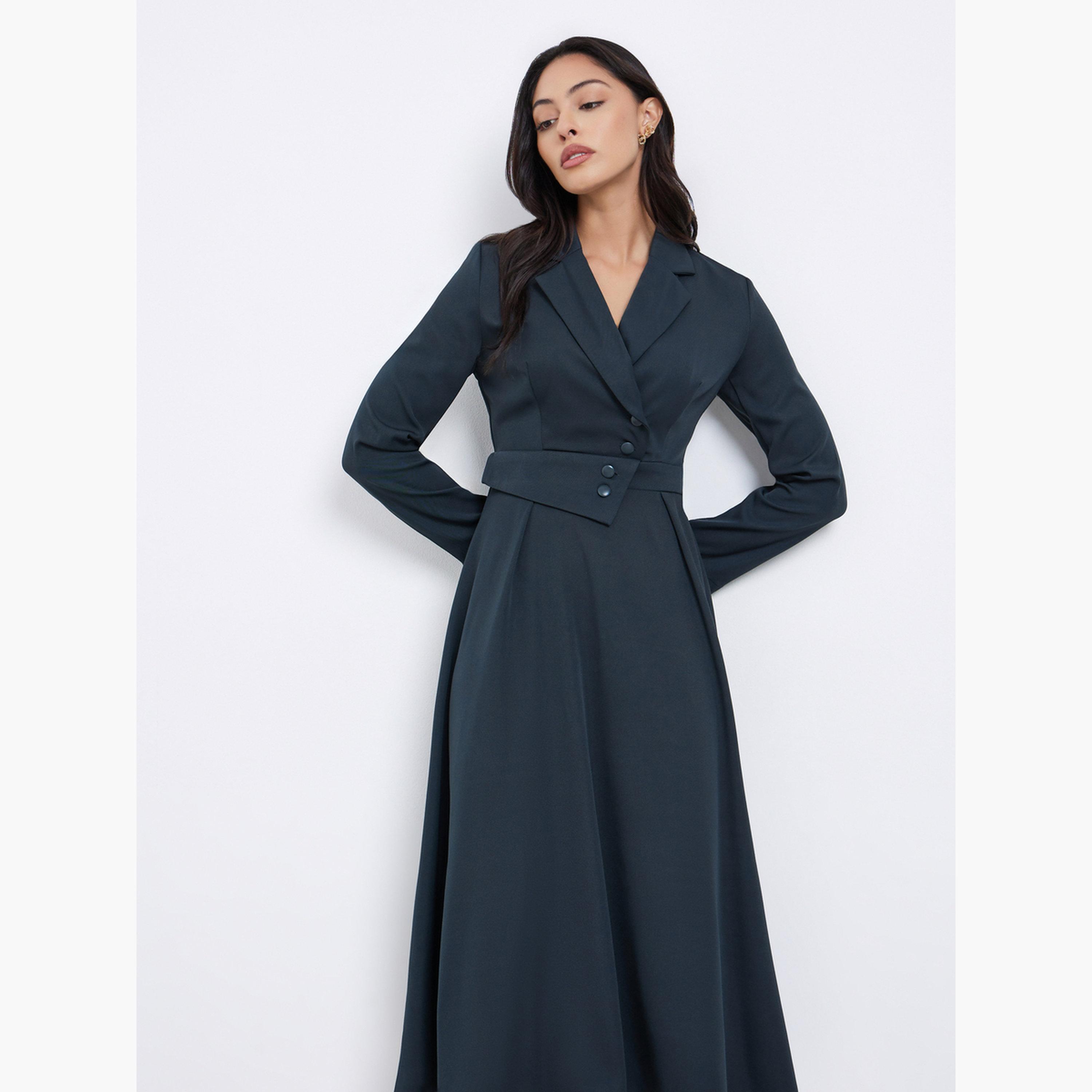 knee length dresses for ladies Zapaka Women Black Long Sleeves Pencil Blazer Dress Double Breasted Midi Work Dress with Pockets, Black / 3XL main image 1
