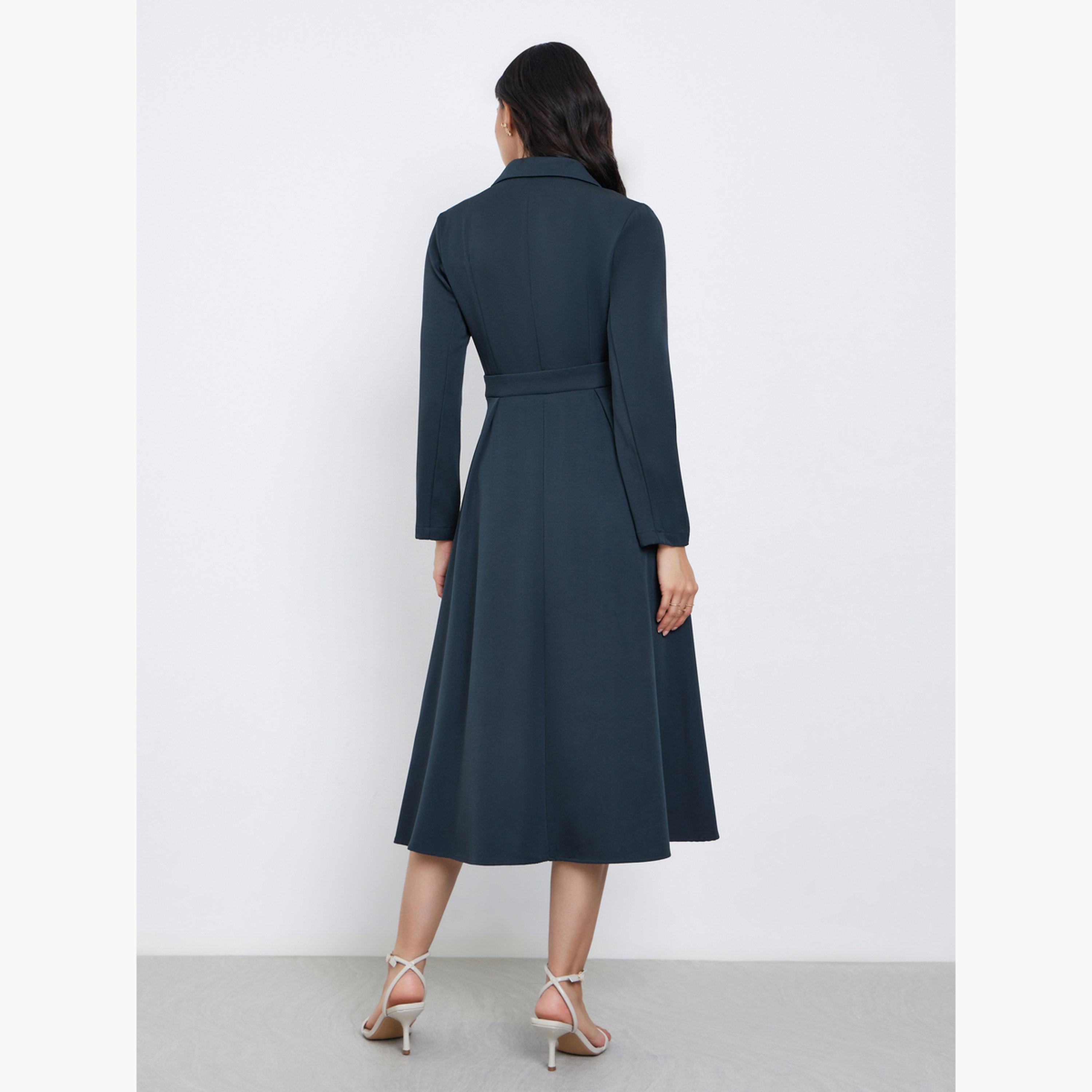 ستايلي - فستان بليزر متوسط ​​الطول بأكمام طويلة لون أزرق المخضر-women-clothing-dresses-image-4