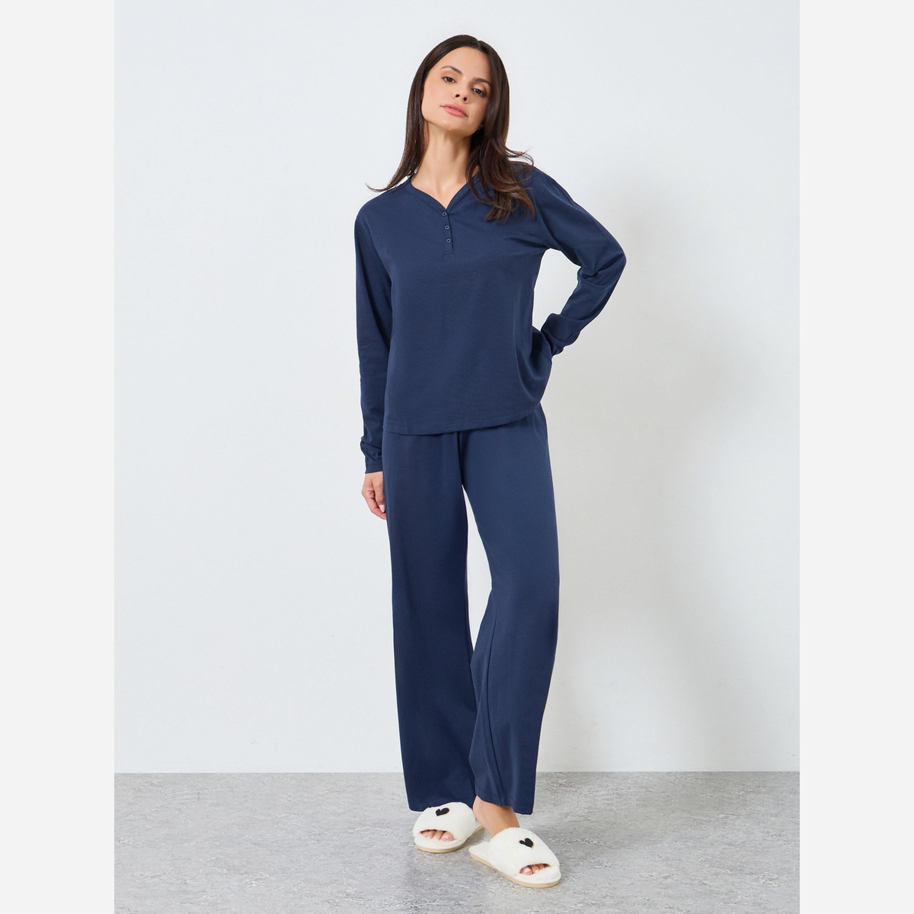 Styli Cotton V Neck Button Front T-Shirt and Wide Leg Pyjama Set-women-clothing-nightwear-pyjamas-longsets-image-1