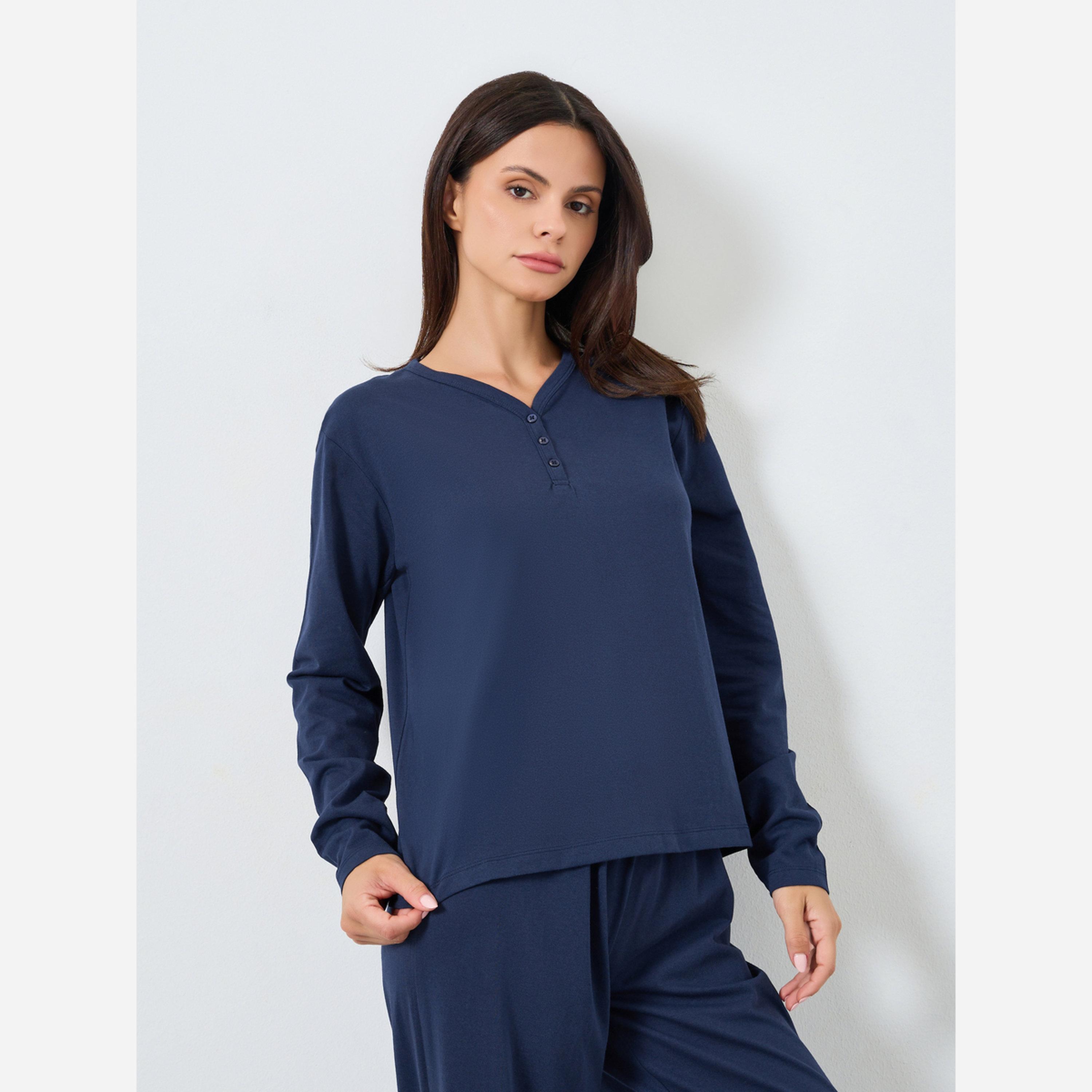 ستايلي - بيجاما قطني ياقة شكل سبعة وأزرار أمامية وبنطال مقاس واسع الساقين-women-clothing-nightwear-pyjamas-longsets-image-3