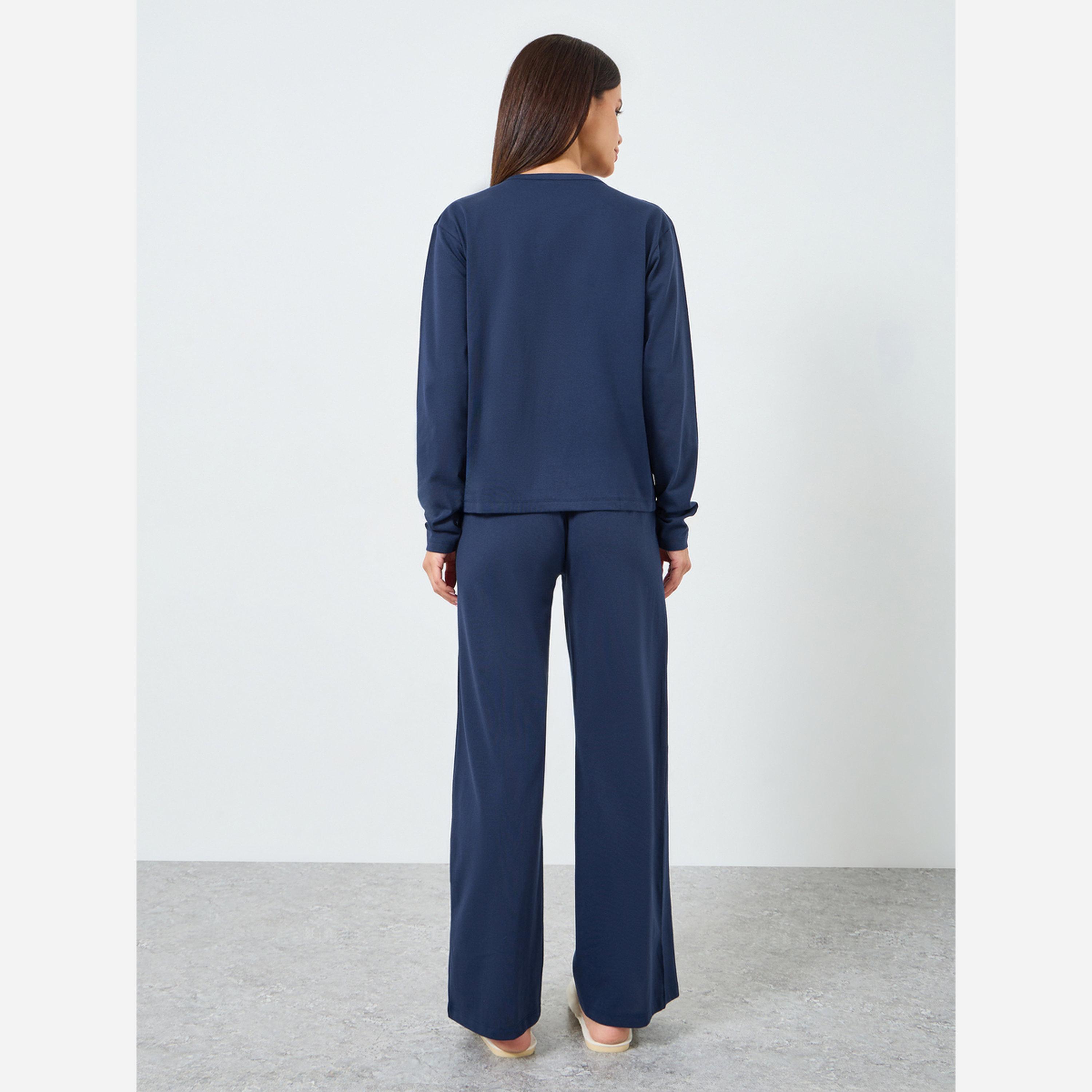 ستايلي - بيجاما قطني ياقة شكل سبعة وأزرار أمامية وبنطال مقاس واسع الساقين-women-clothing-nightwear-pyjamas-longsets-image-6