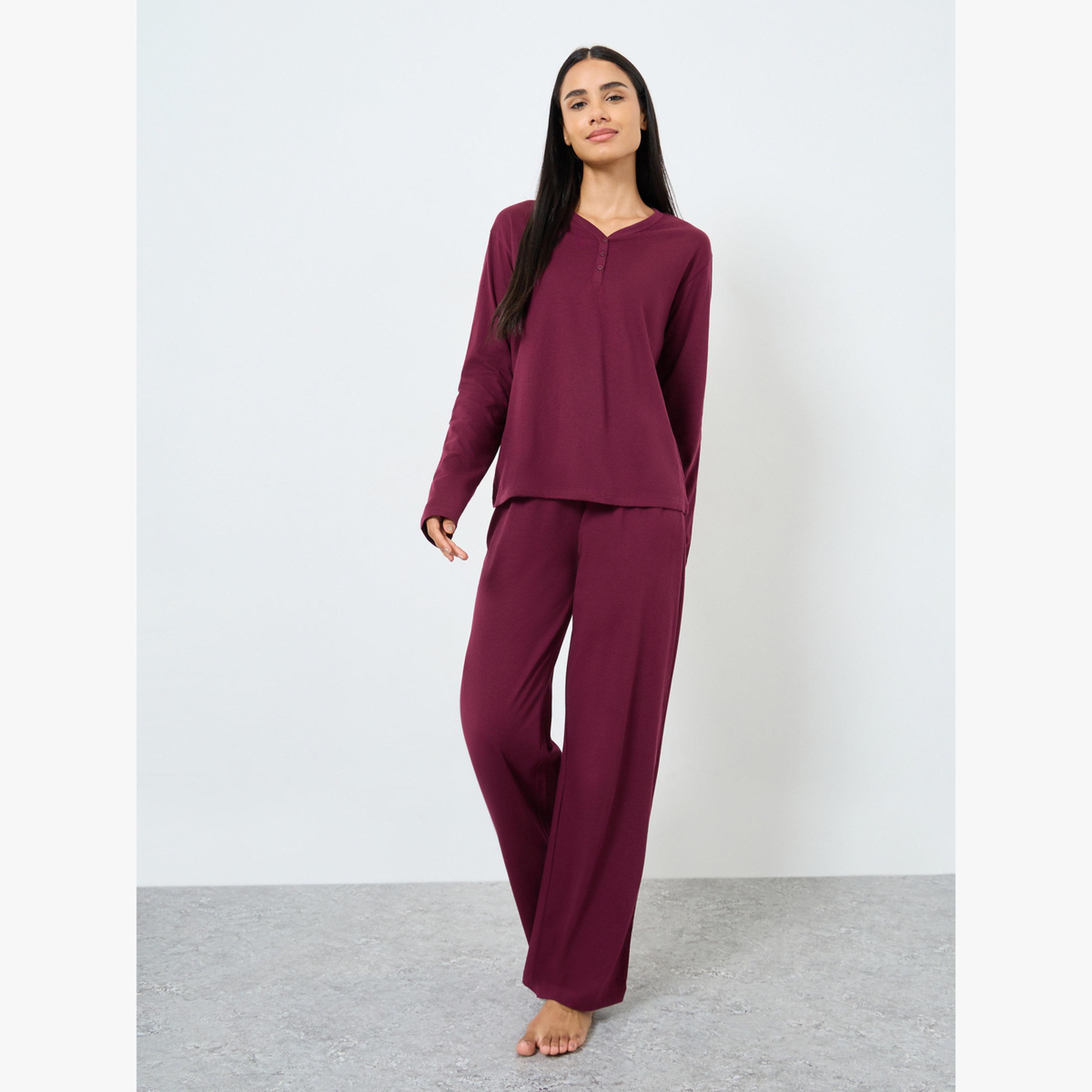 طقم بيجامة تيشيرت قطن بأزرار أمامية وبنطال بأرجل واسعة-women-clothing-nightwear-pyjamas-longsets-image-1