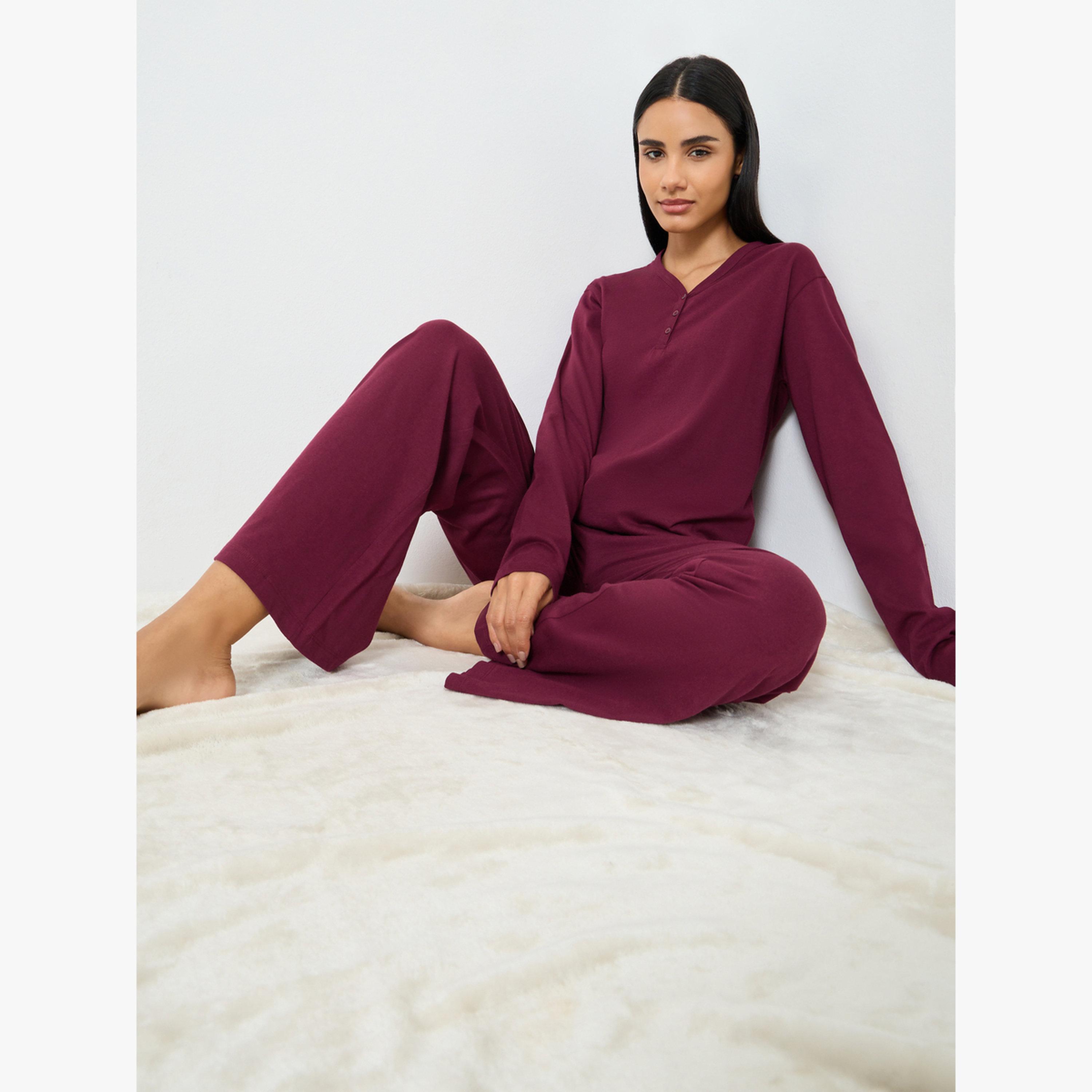 Styli Cotton V Neck Button Front T-Shirt and Wide Leg Pyjama Set-women-clothing-nightwear-pyjamas-longsets-image-2