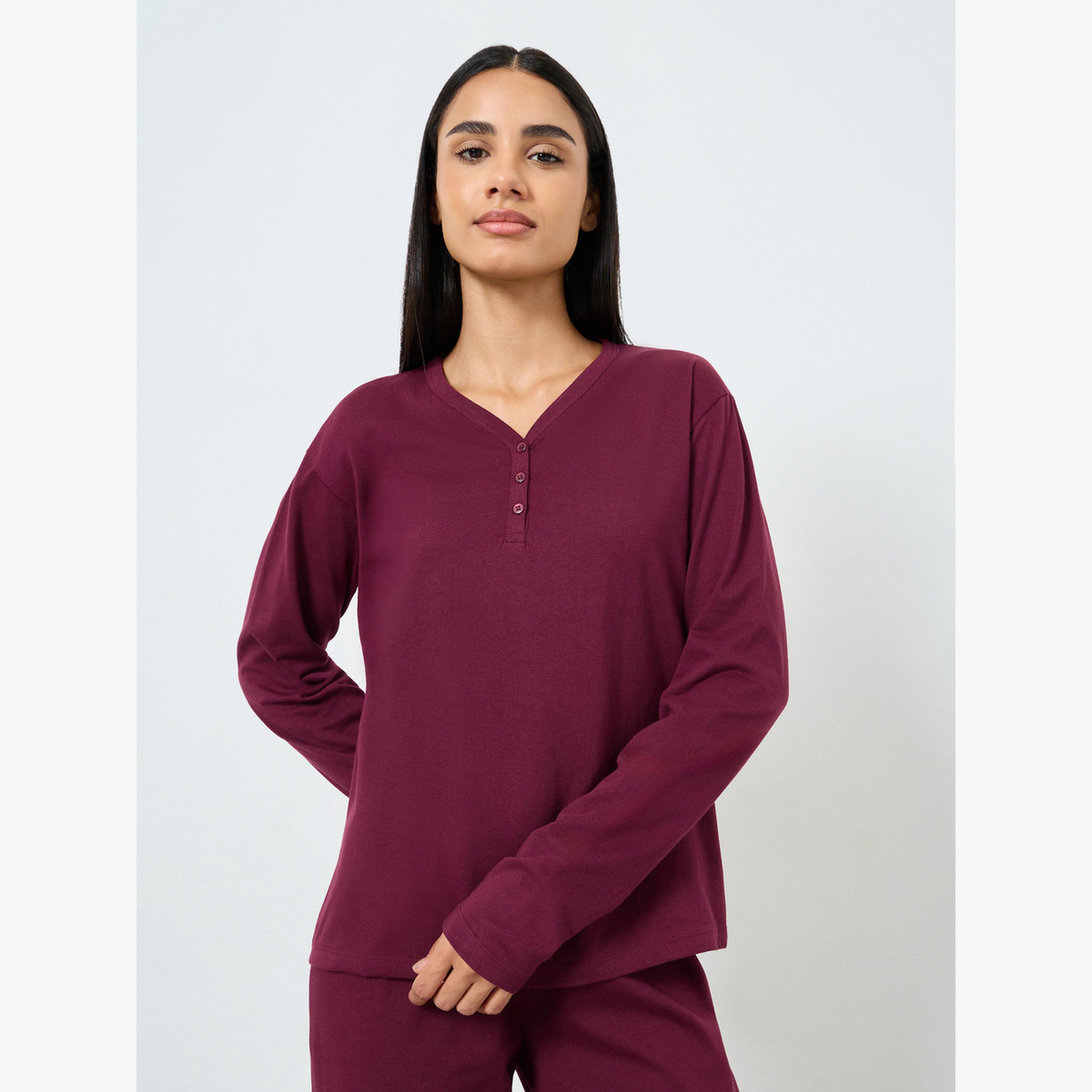 Styli Cotton V Neck Button Front T-Shirt and Wide Leg Pyjama Set-women-clothing-nightwear-pyjamas-longsets-image-3