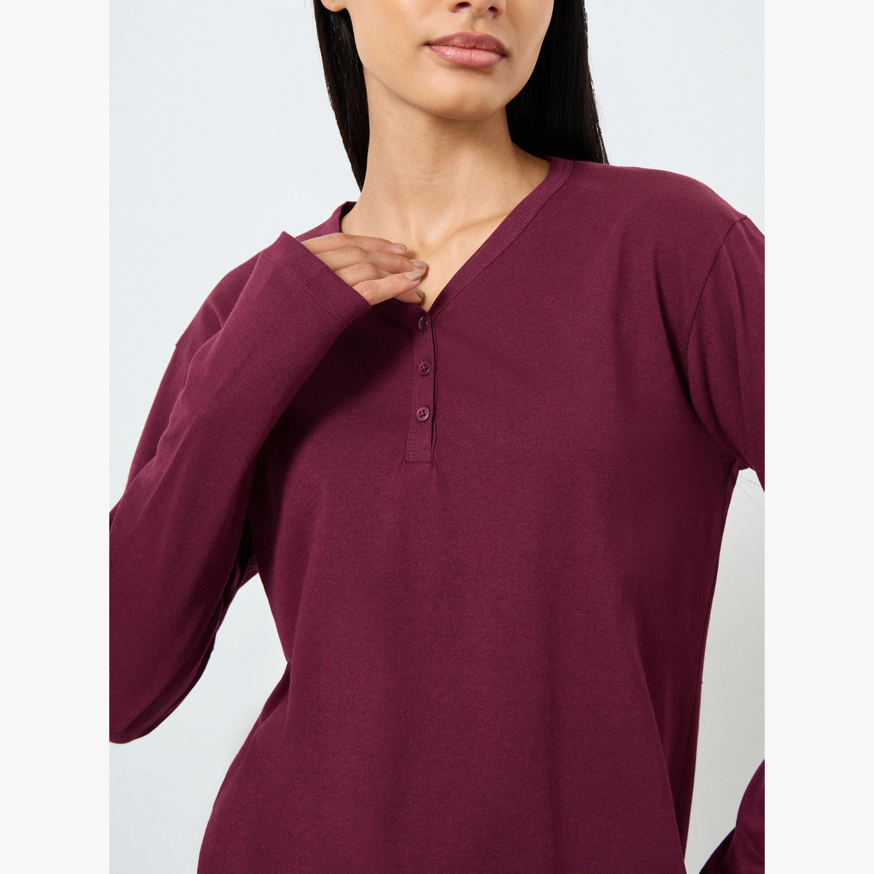 طقم بيجامة تيشيرت قطن بأزرار أمامية وبنطال بأرجل واسعة-women-clothing-nightwear-pyjamas-longsets-image-4