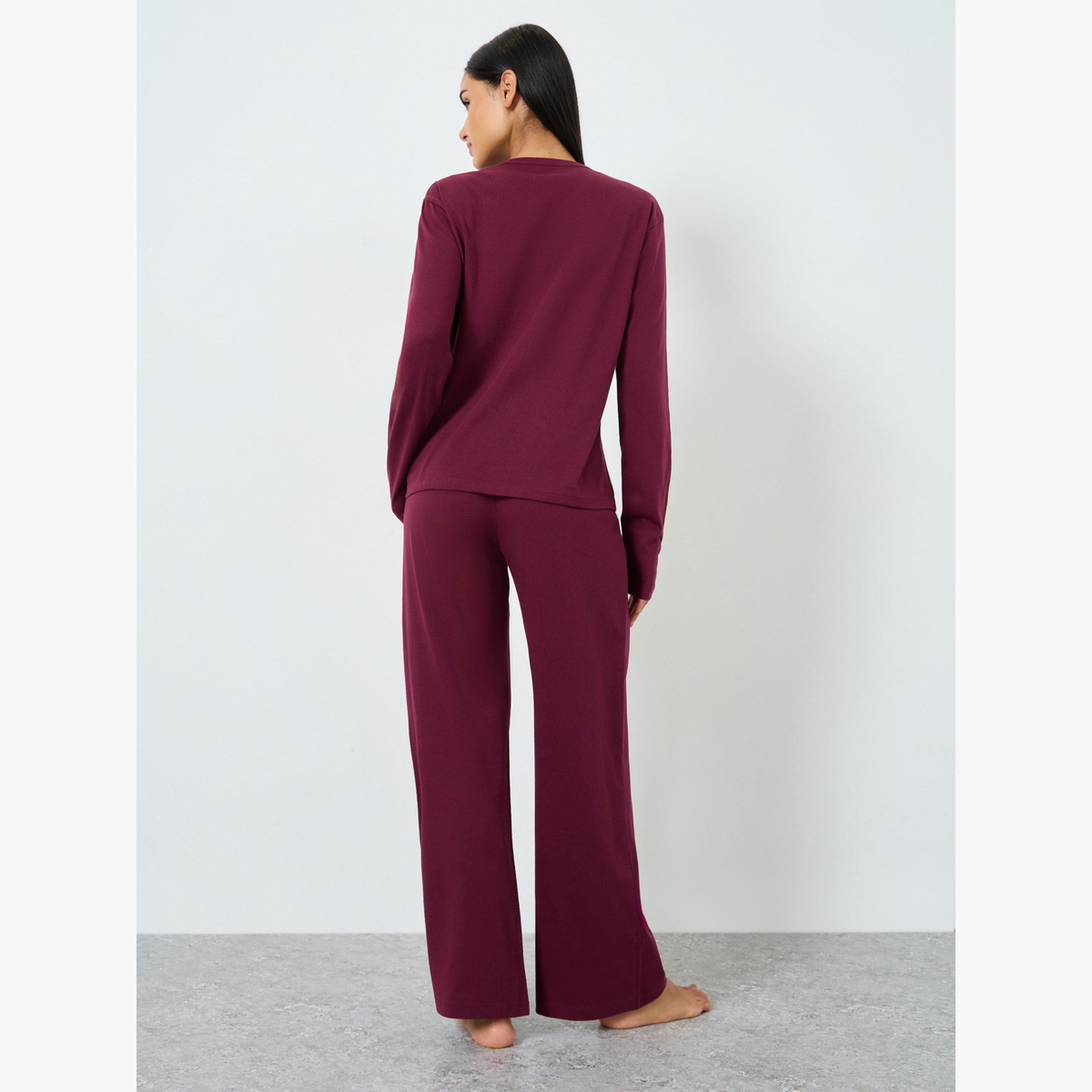 Styli Cotton V Neck Button Front T-Shirt and Wide Leg Pyjama Set-women-clothing-nightwear-pyjamas-longsets-image-6