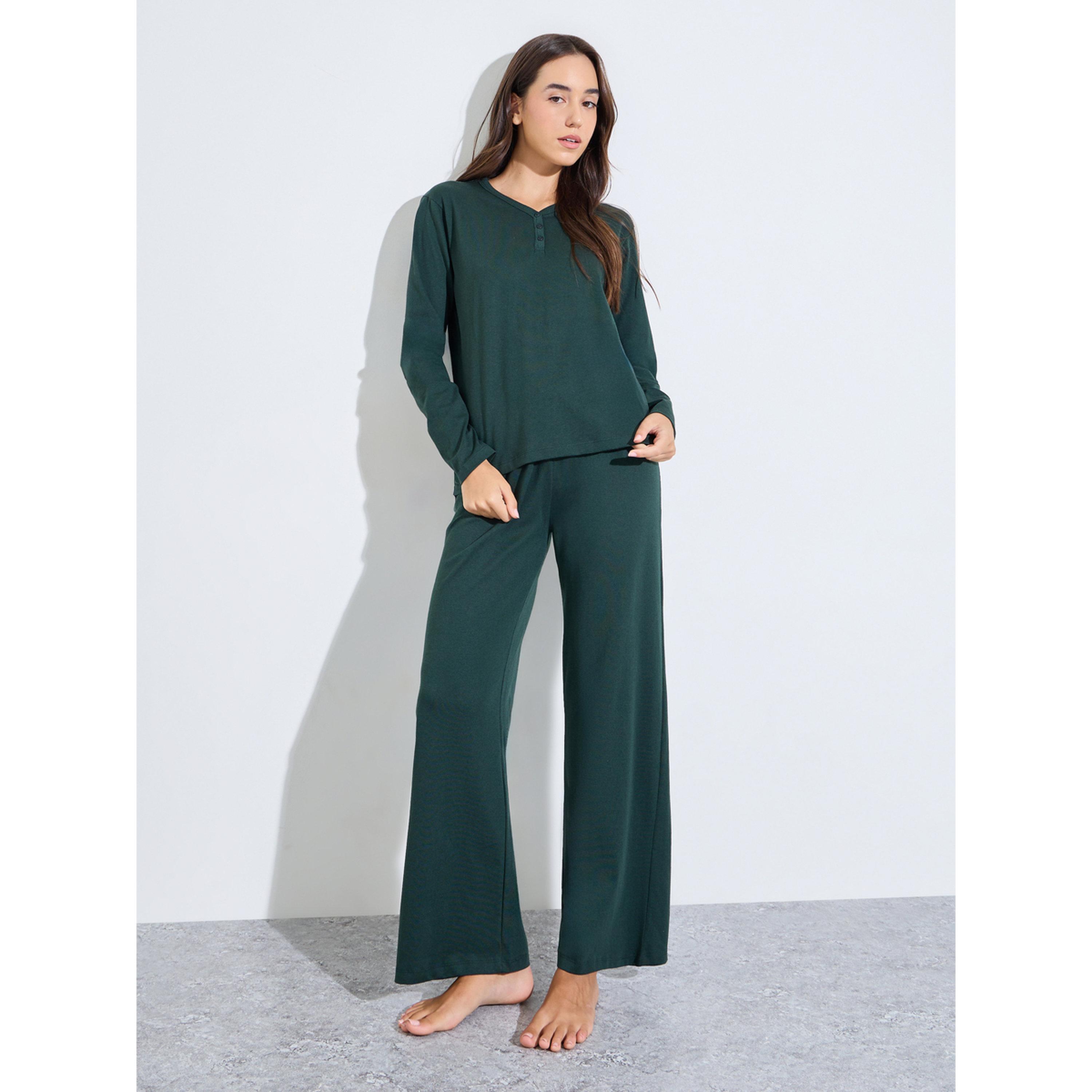 Styli Cotton V Neck Button Front T-Shirt and Pyjama Set-women-clothing-nightwear-pyjamas-longsets-image-1