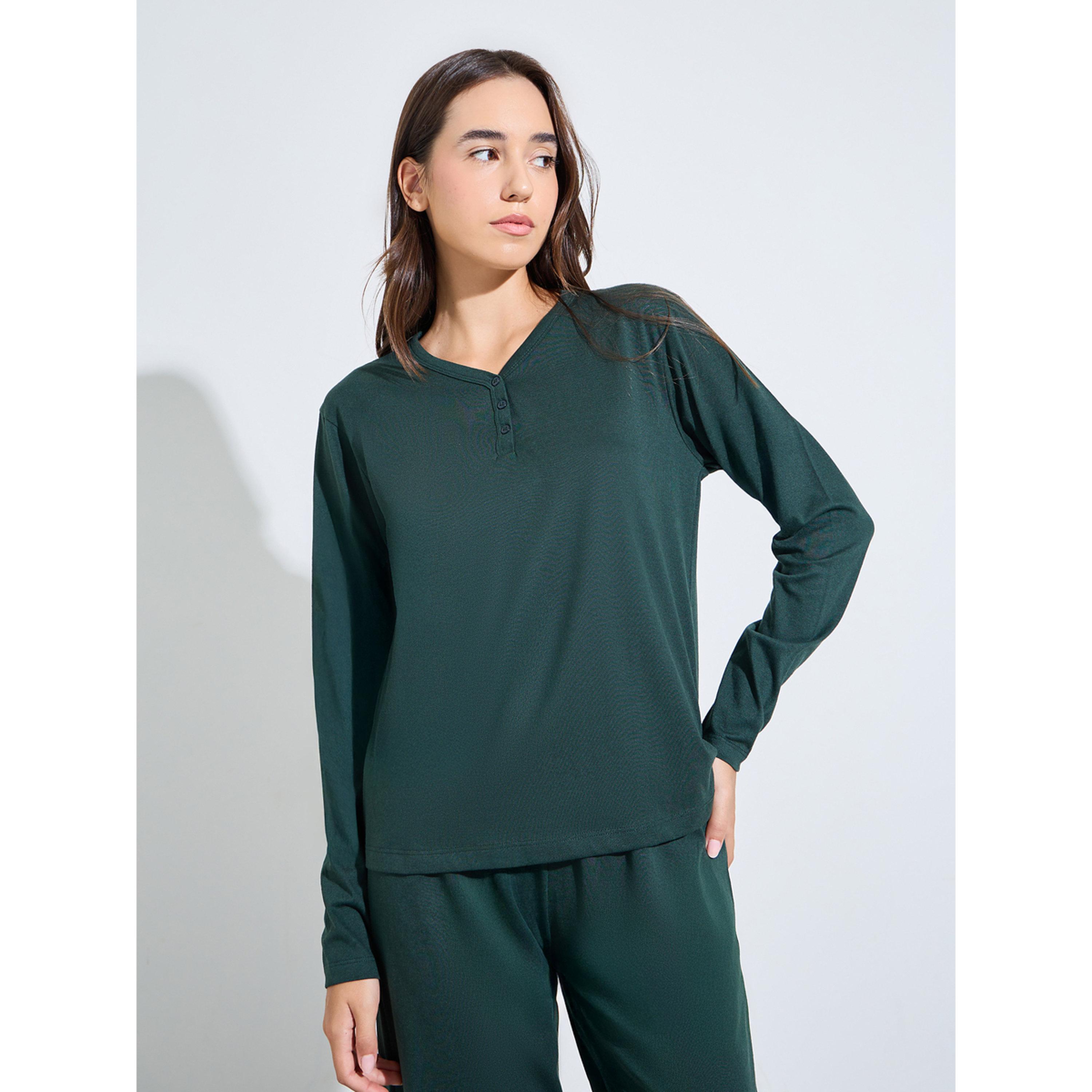 Styli Cotton V Neck Button Front T-Shirt and Pyjama Set-women-clothing-nightwear-pyjamas-longsets-image-2