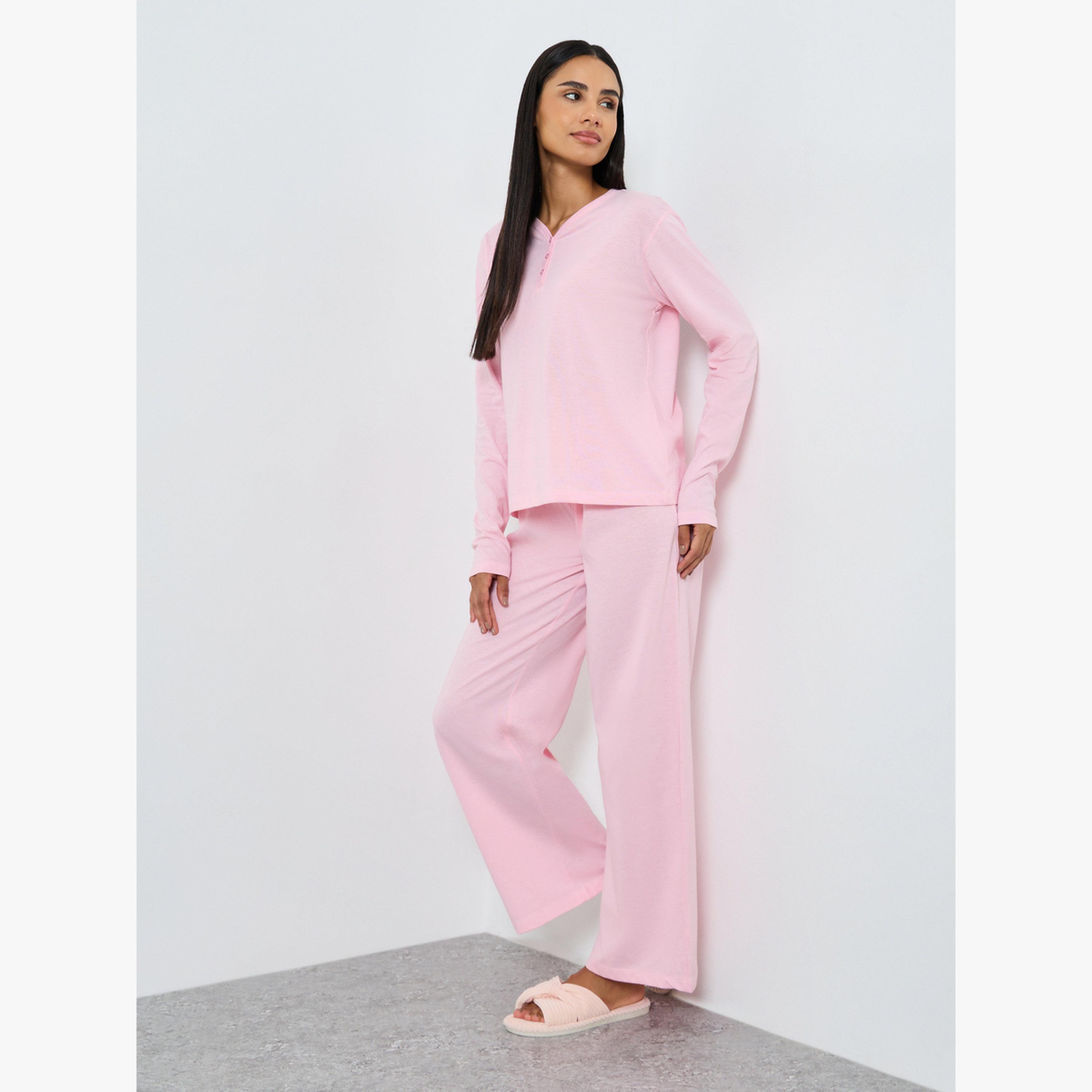 طقم بيجامة تيشيرت قطن بأزرار أمامية وبنطال بأرجل واسعة-women-clothing-nightwear-pyjamas-longsets-image-1