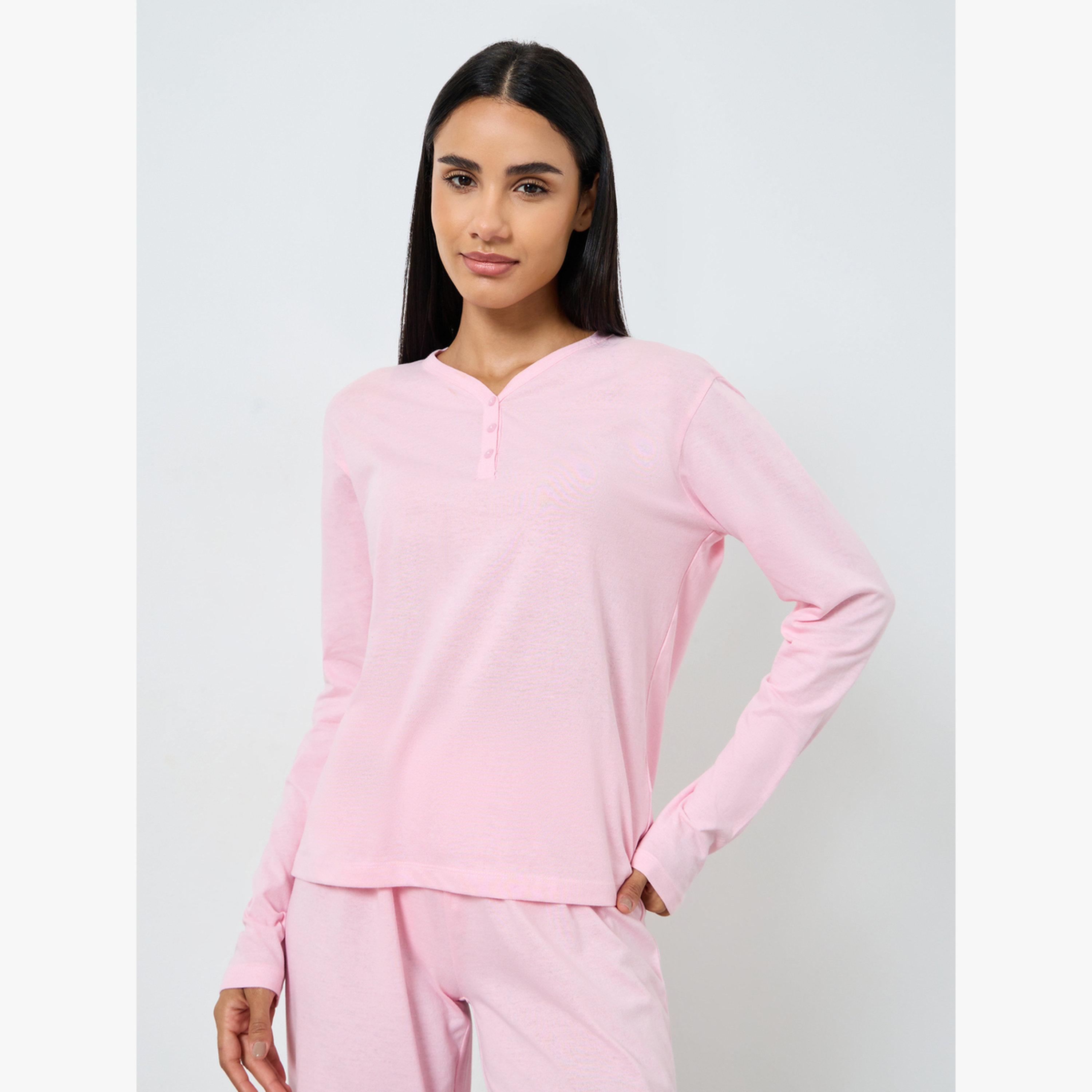 Styli Cotton V Neck Button Front T-Shirt and Wide Leg Pyjama Set-women-clothing-nightwear-pyjamas-longsets-image-2