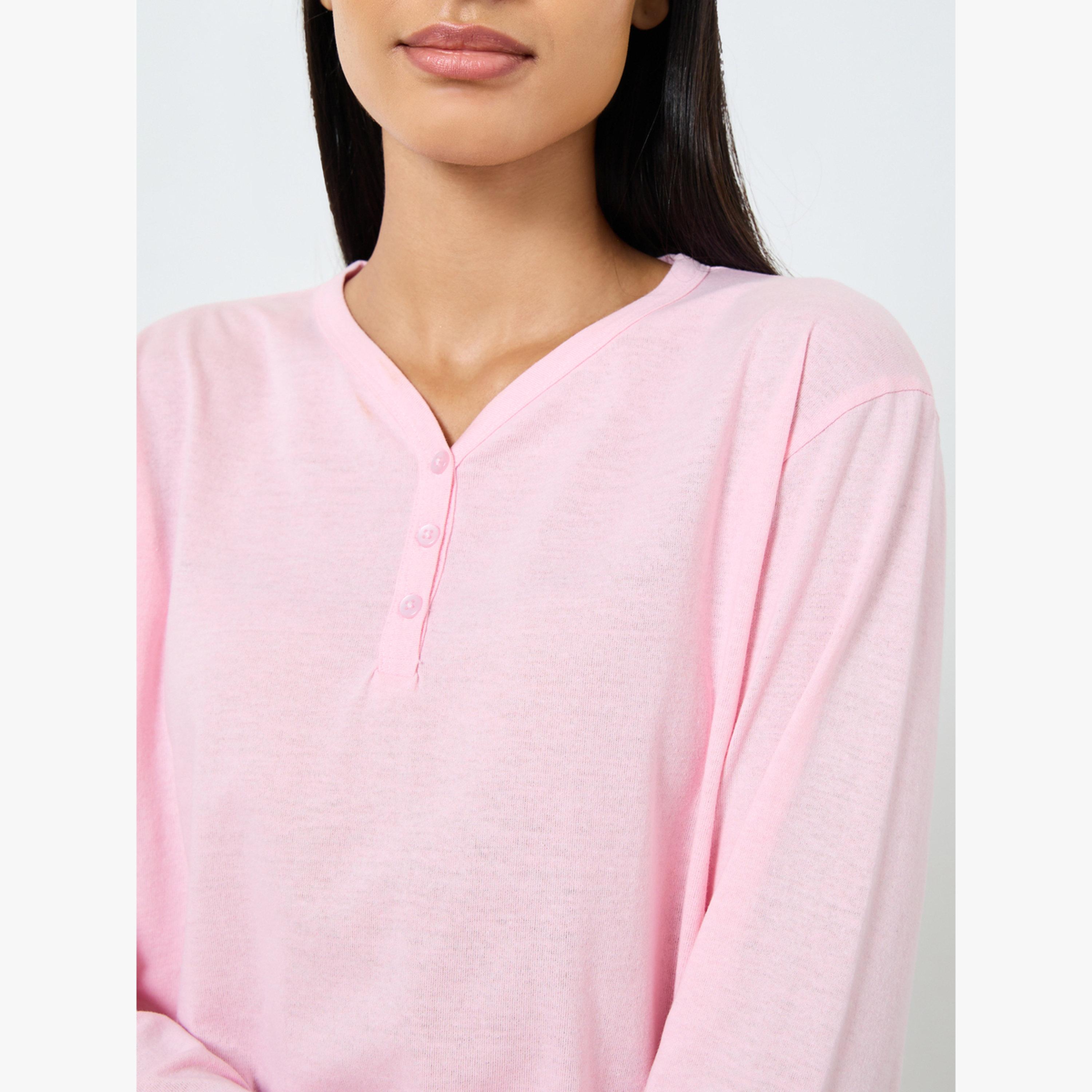 طقم بيجامة تيشيرت قطن بأزرار أمامية وبنطال بأرجل واسعة-women-clothing-nightwear-pyjamas-longsets-image-3