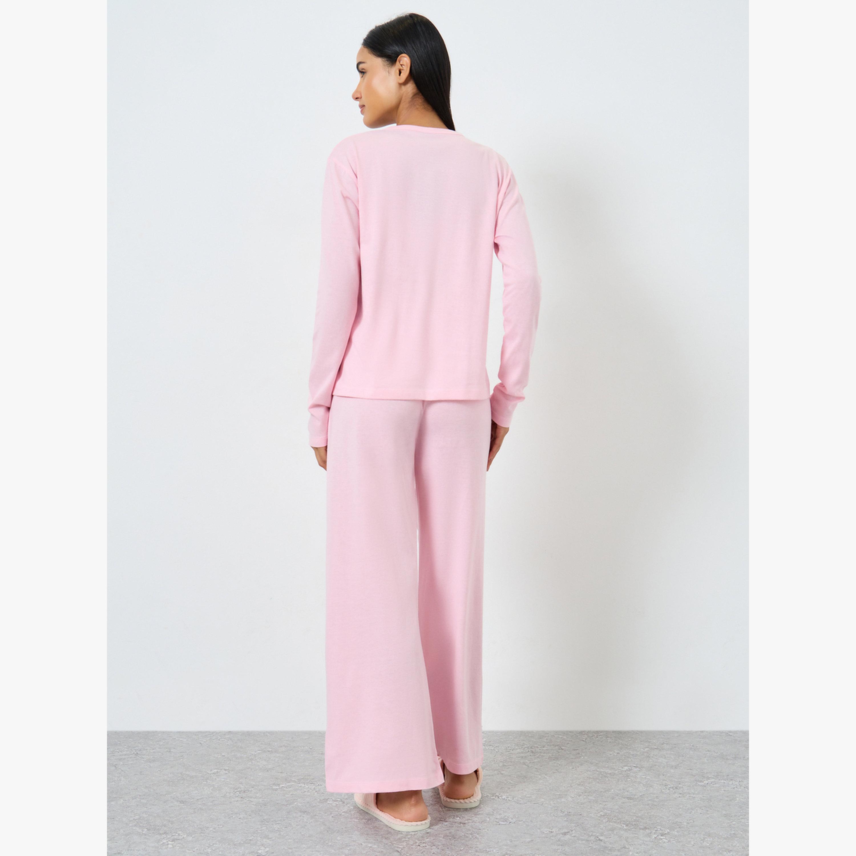 طقم بيجامة تيشيرت قطن بأزرار أمامية وبنطال بأرجل واسعة-women-clothing-nightwear-pyjamas-longsets-image-5