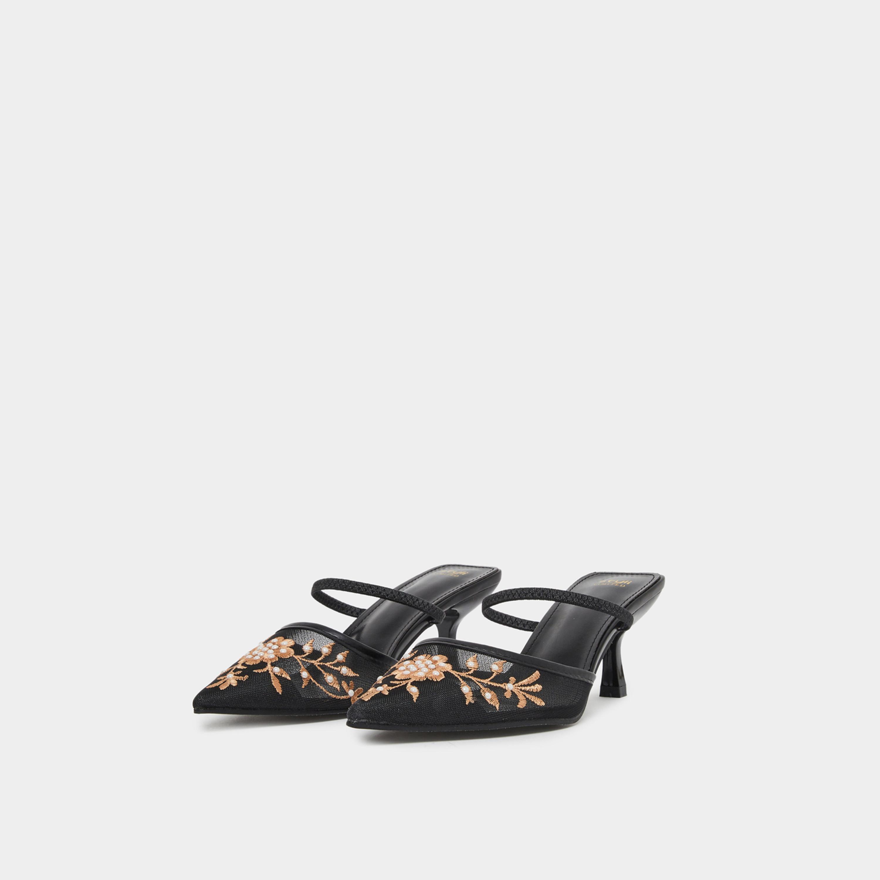 ستايلي - حذاء ميول أسود مطرز بمقدمة مدببة للنساء-women-shoes-sandals-heeled-image-1
