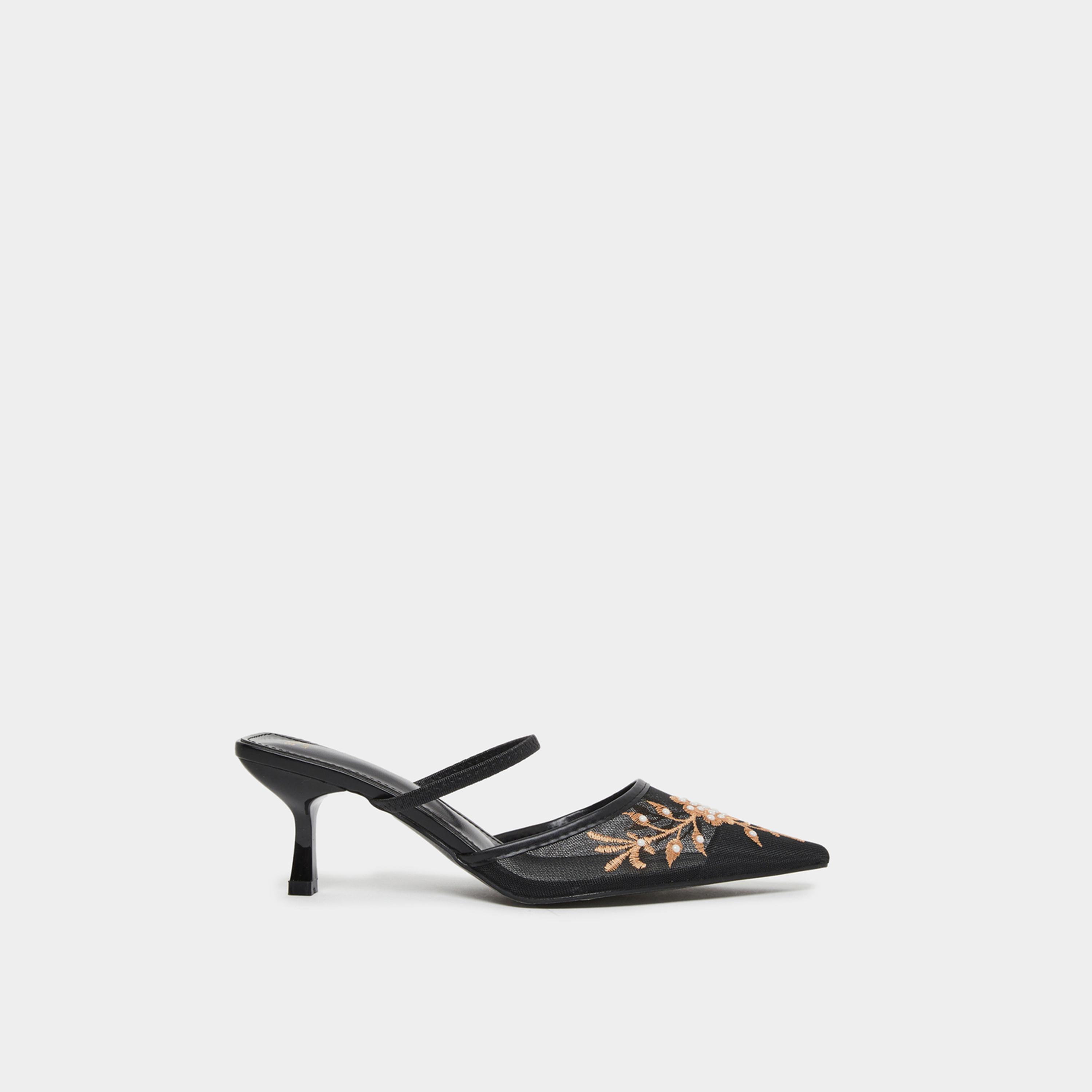 ستايلي - حذاء ميول أسود مطرز بمقدمة مدببة للنساء-women-shoes-sandals-heeled-image-3