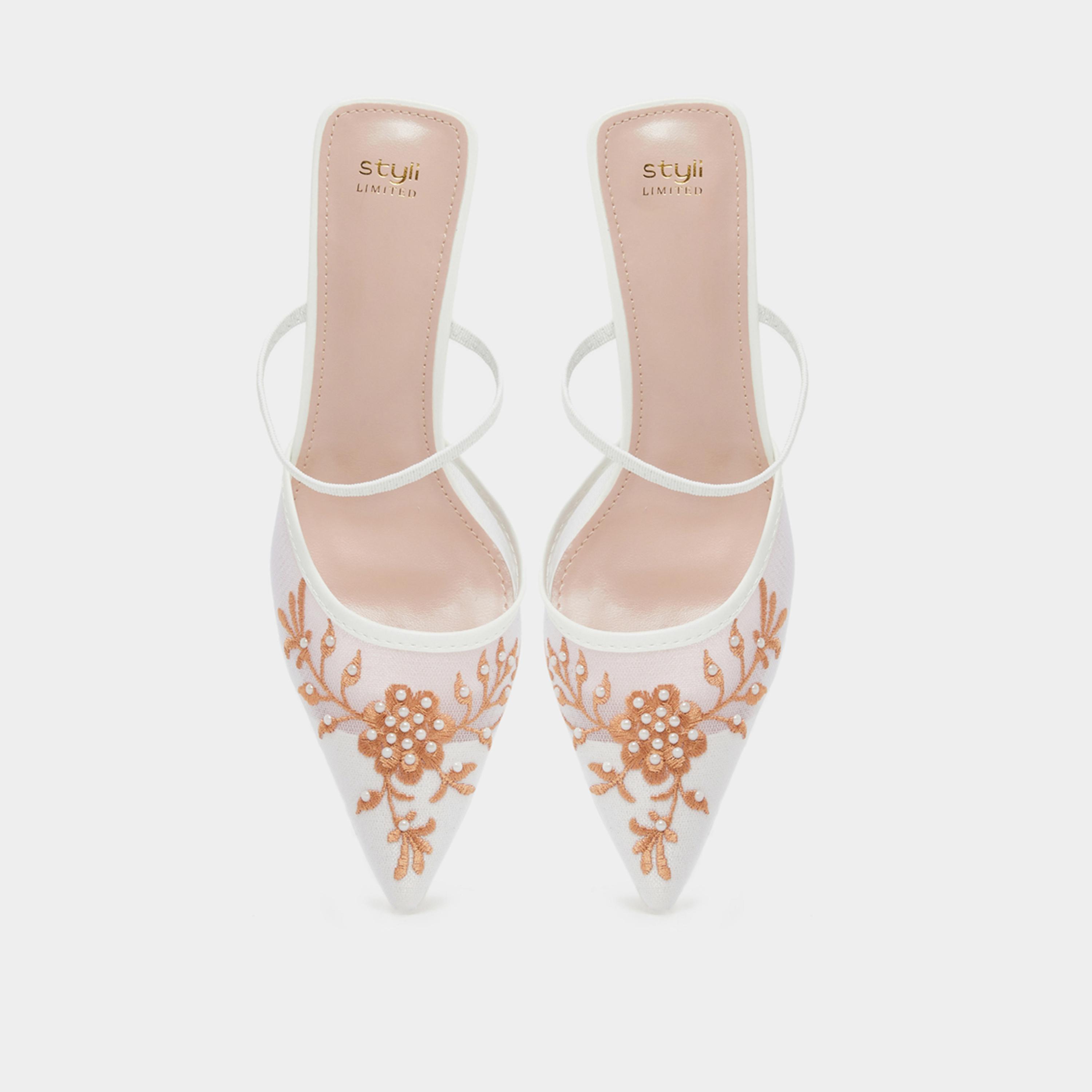 Styli Women White Embroidered Pointed Toe Mules-women-shoes-sandals-heeled-image-6