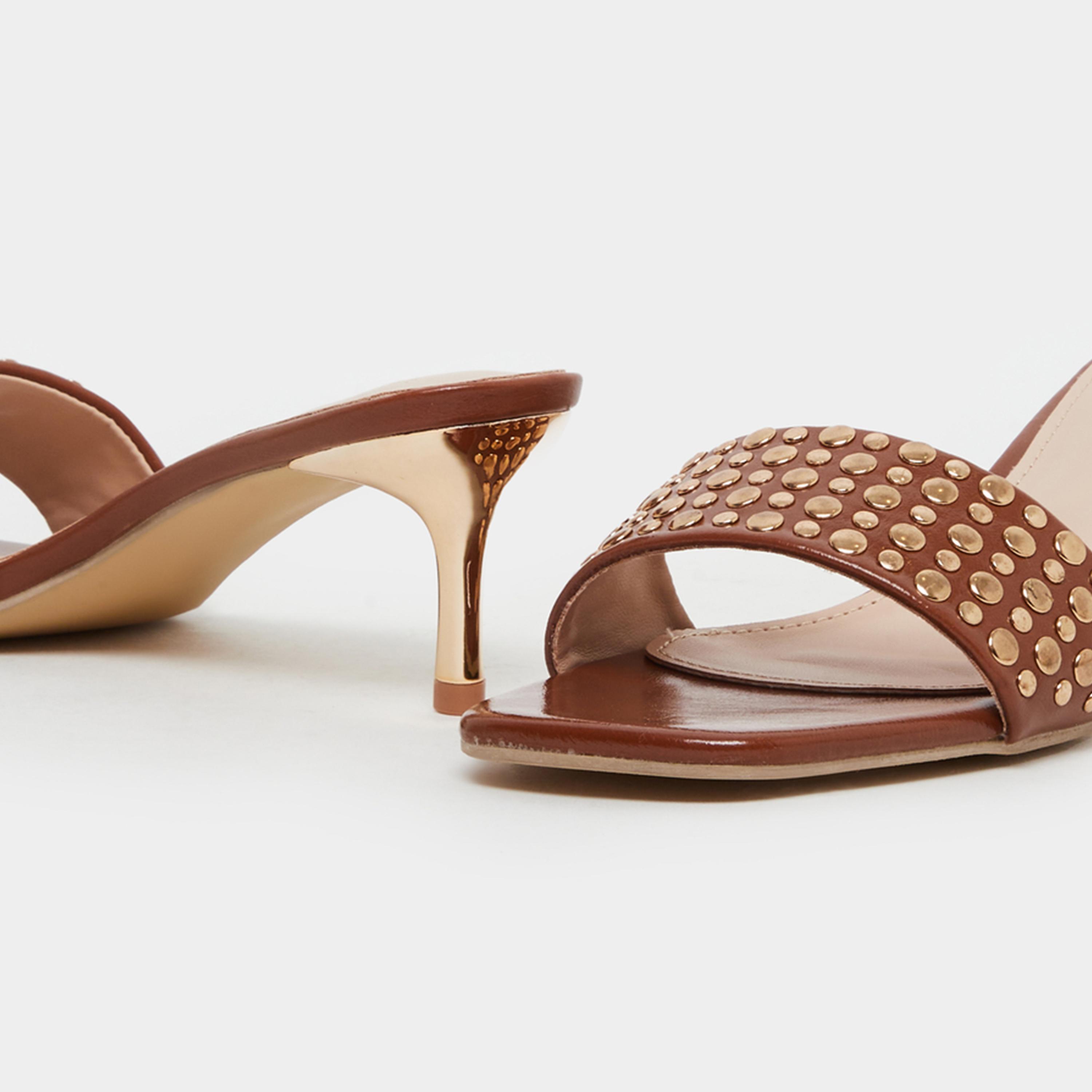 ستايلي - صندل بكعب صغير مزخرف باللون البني للنساء-women-shoes-sandals-heeled-image-4