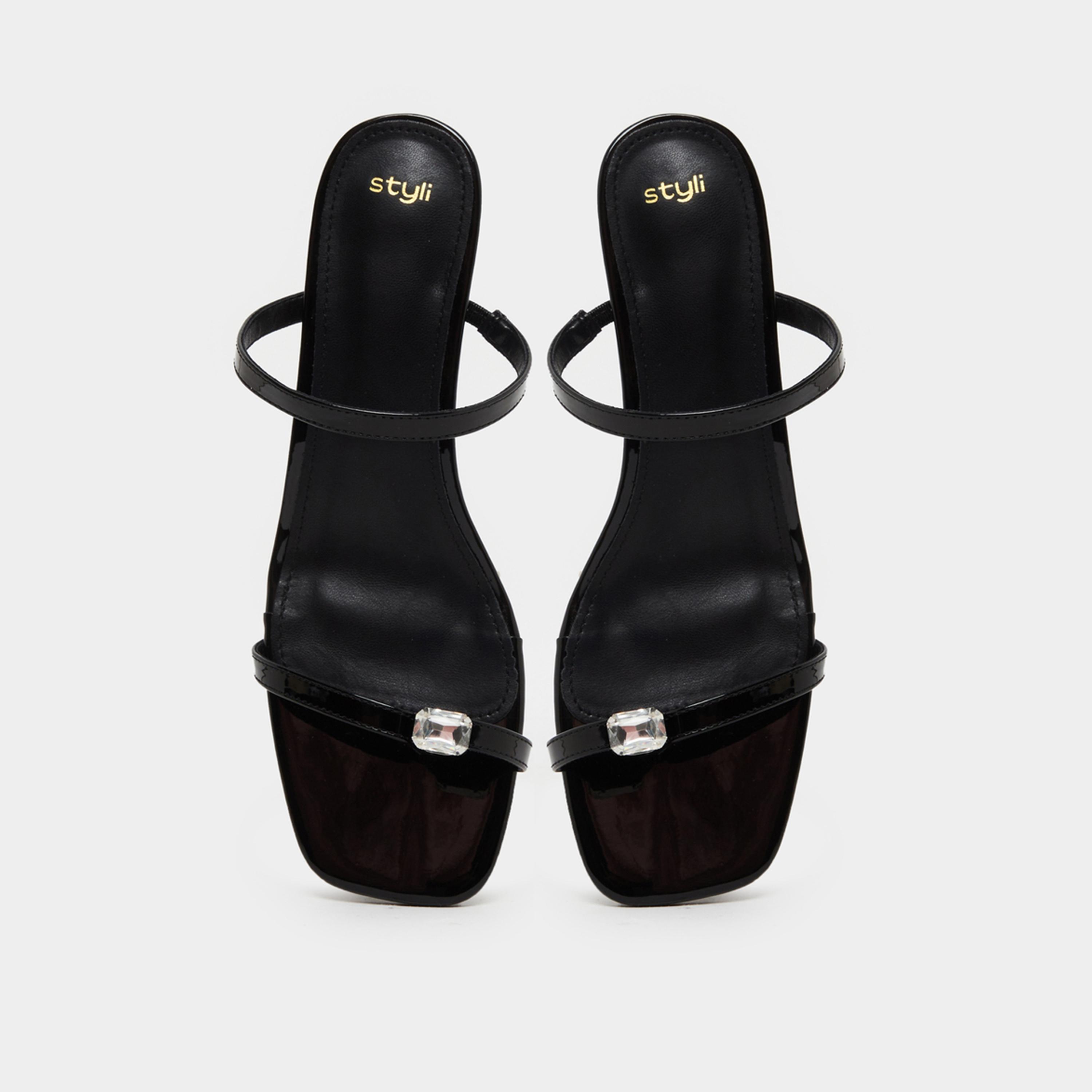 ستايلي - صندل بكعب صغير مرصع باللون الأسود للنساء-women-shoes-sandals-heeled-image-6
