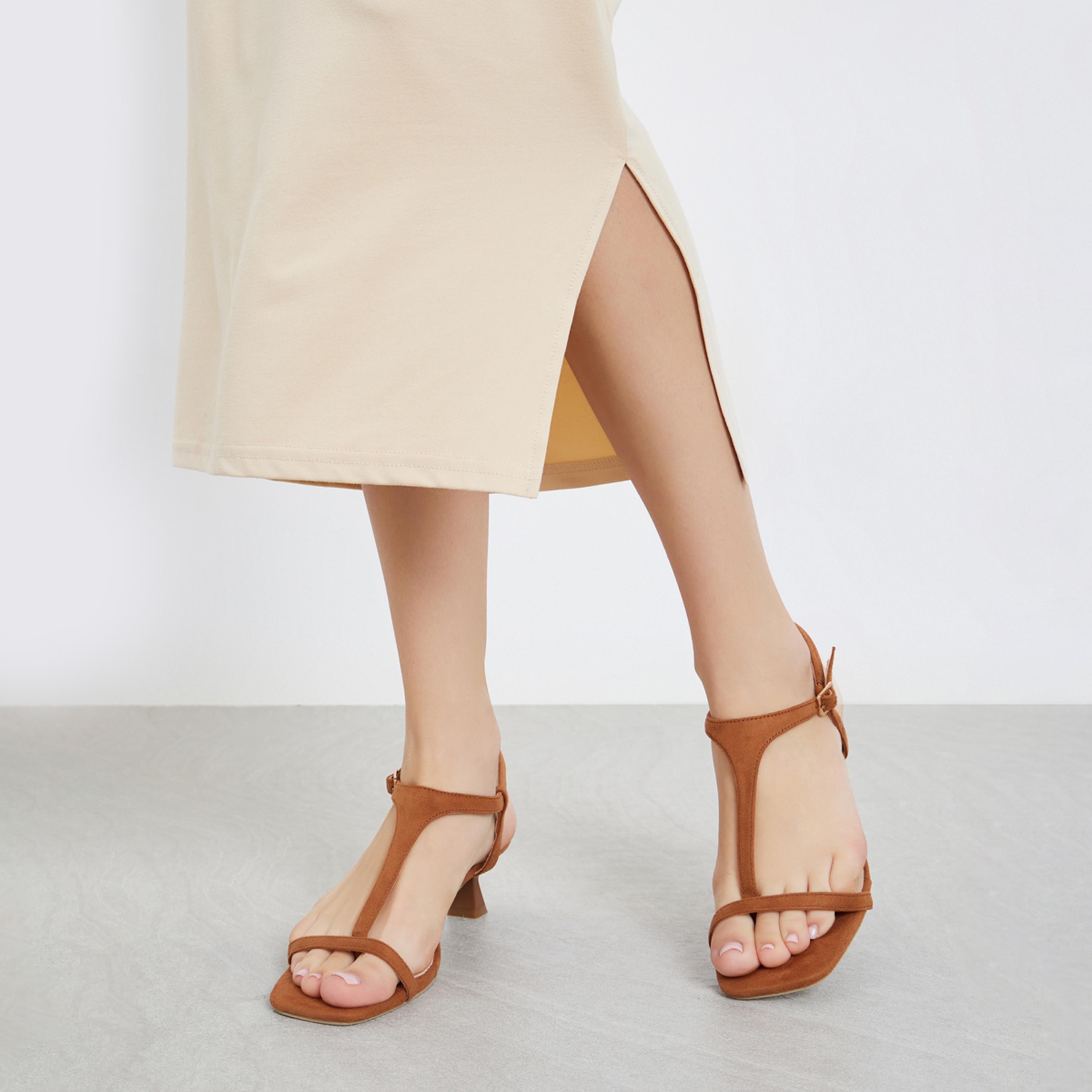 Styli Women Tan T-Strap Sling Back Heel Sandals-women-shoes-sandals-heeled-image-2