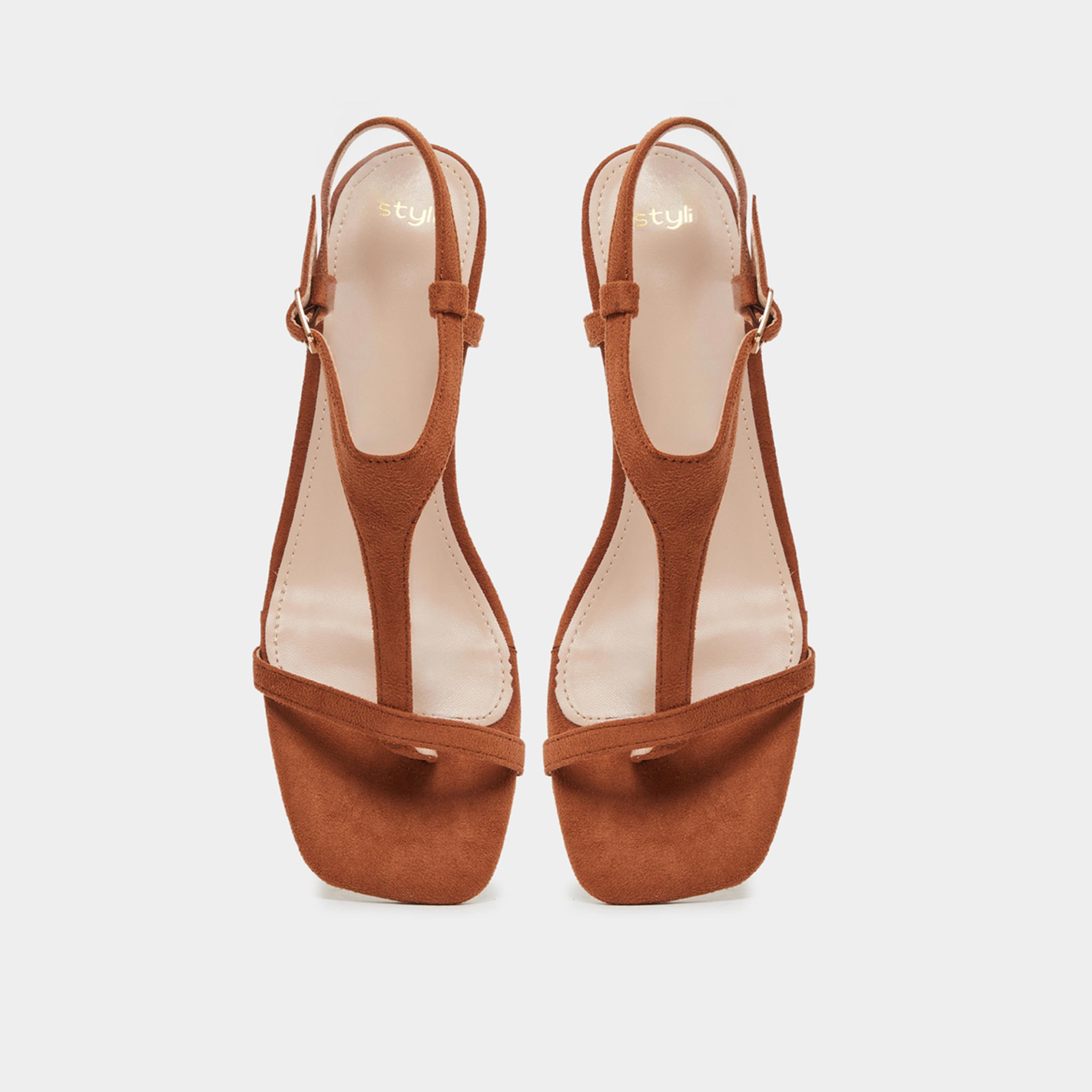 Styli Women Tan T-Strap Sling Back Heel Sandals-women-shoes-sandals-heeled-image-6