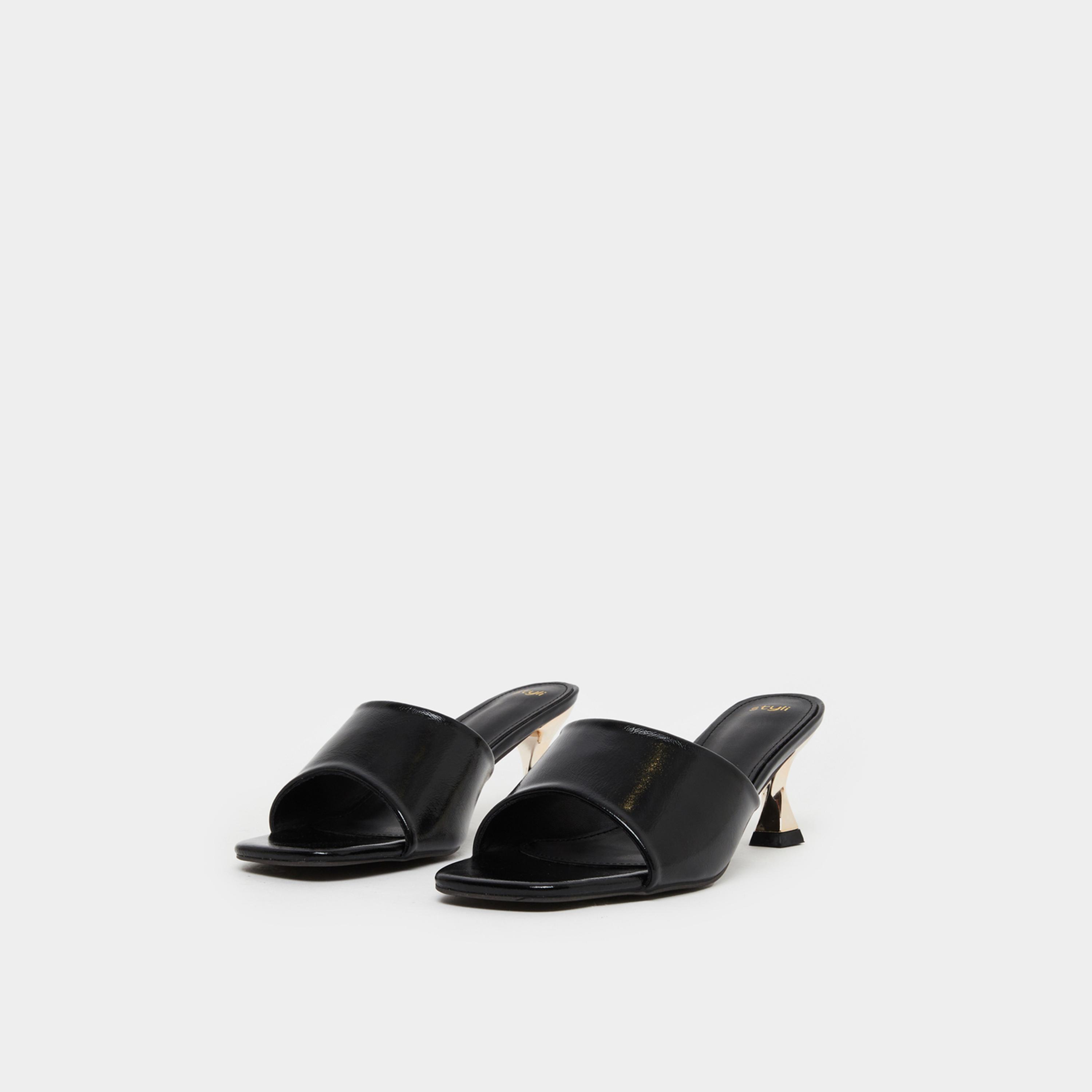 ستايلي - صندل أسود سادة بكعب صغير لون متباين للنساء-women-shoes-sandals-heeled-image-1