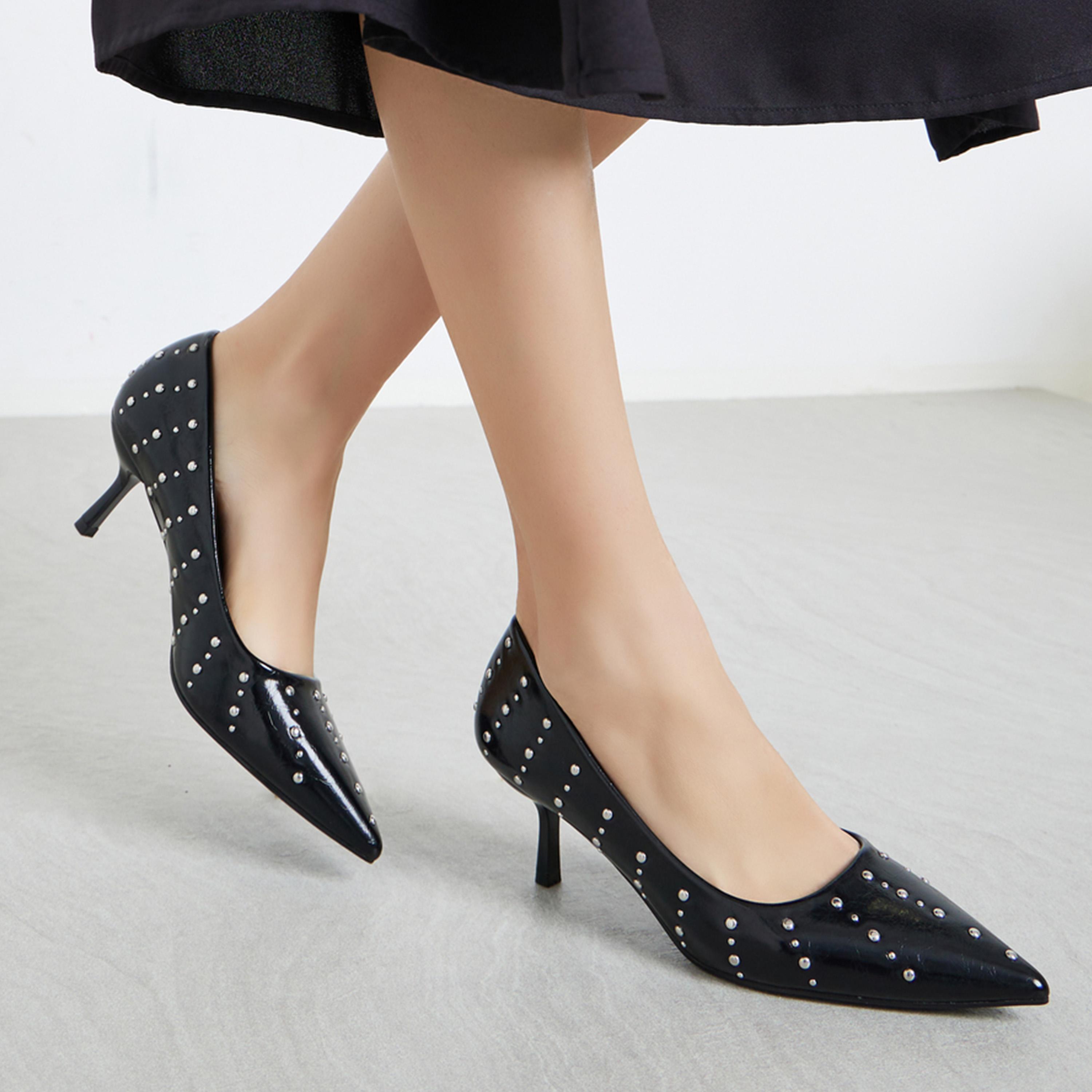Styli Women Black Studded Pointed Toe Court Shoes-women-shoes-sandals-heeled-image-2