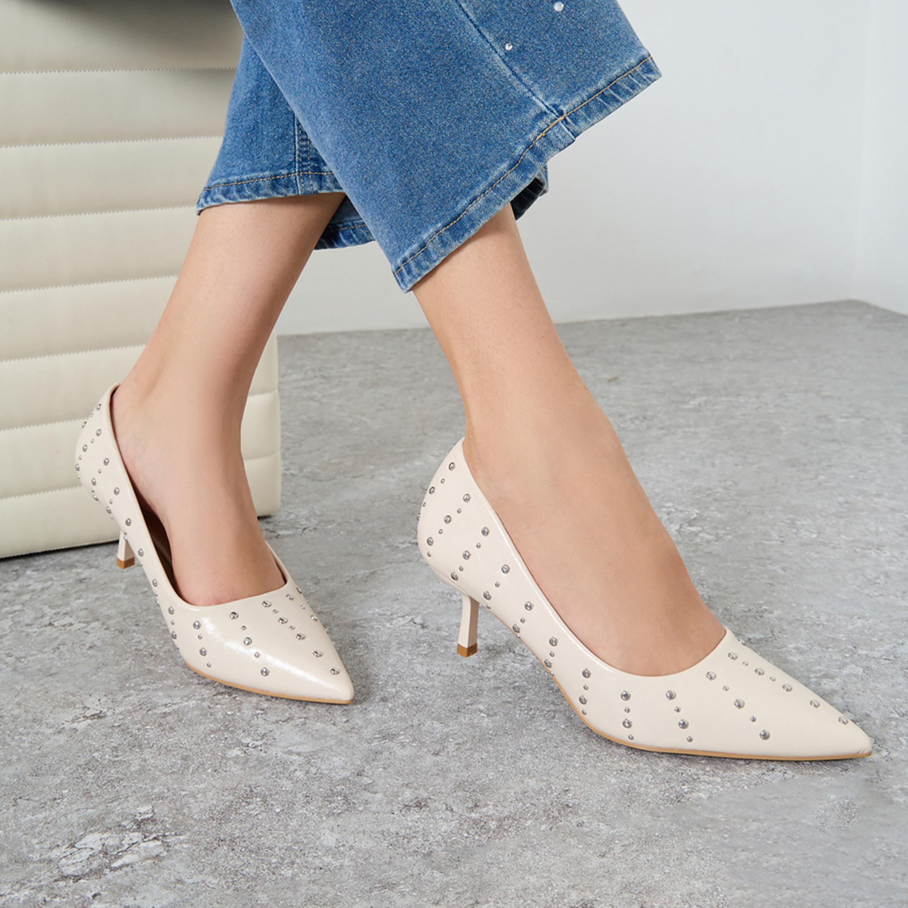 Styli Women Nude Studded Pointed Toe Court Shoes-women-shoes-sandals-heeled-image-2