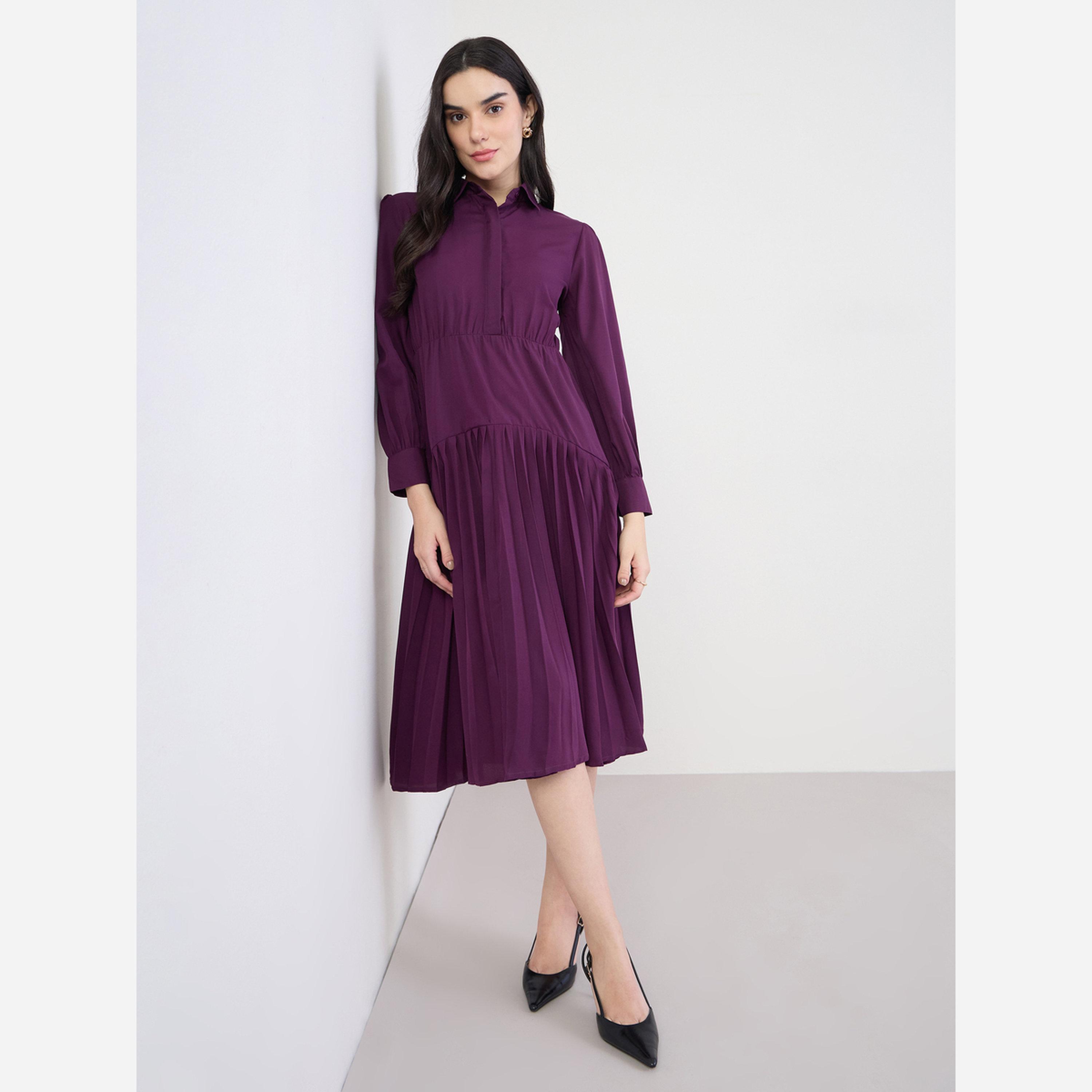 ستايلي - فستان متوسط الطول نسائي لون بنفسجي أكمام مطوية وأساور-women-clothing-dresses-image-1
