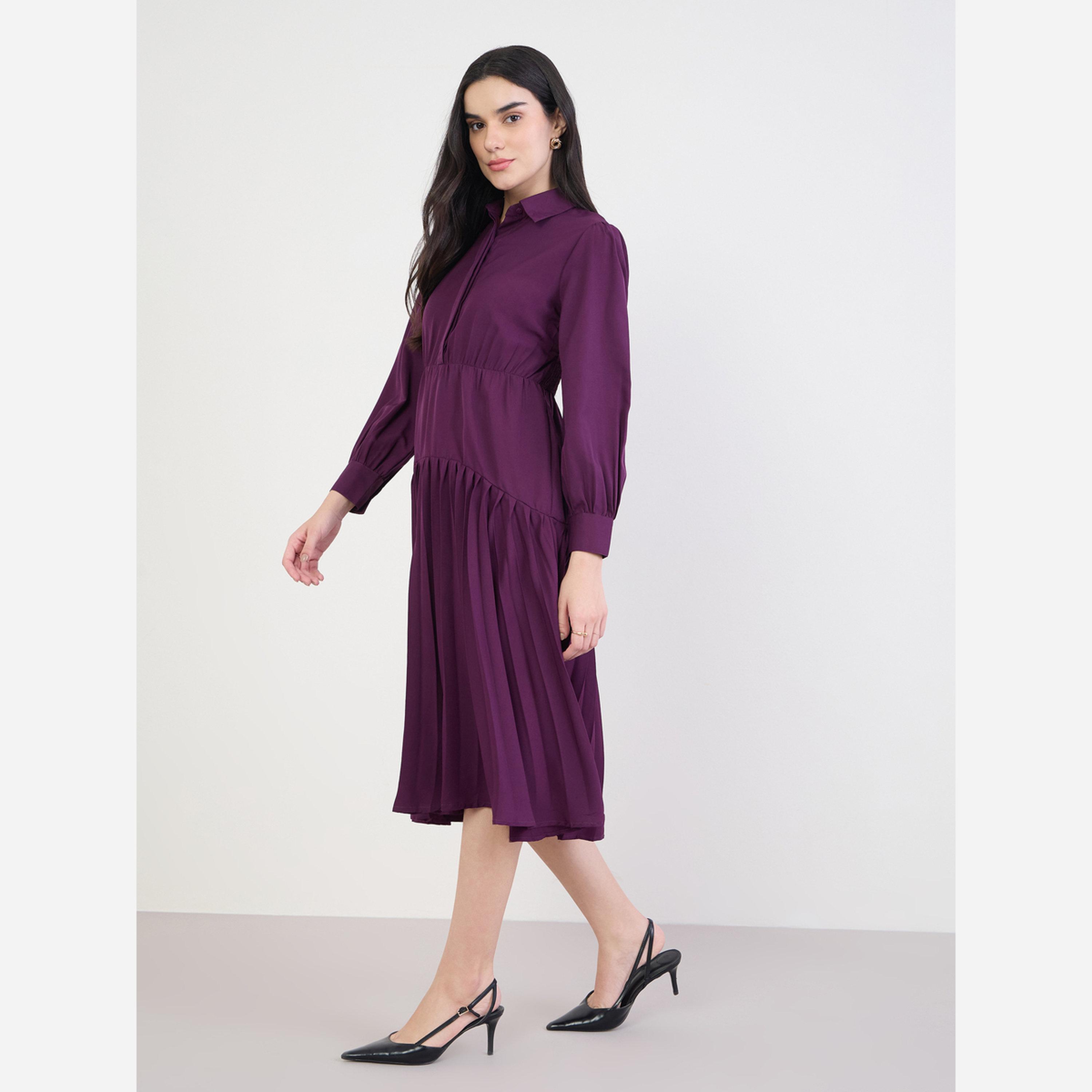ستايلي - فستان متوسط الطول نسائي لون بنفسجي أكمام مطوية وأساور-women-clothing-dresses-image-2