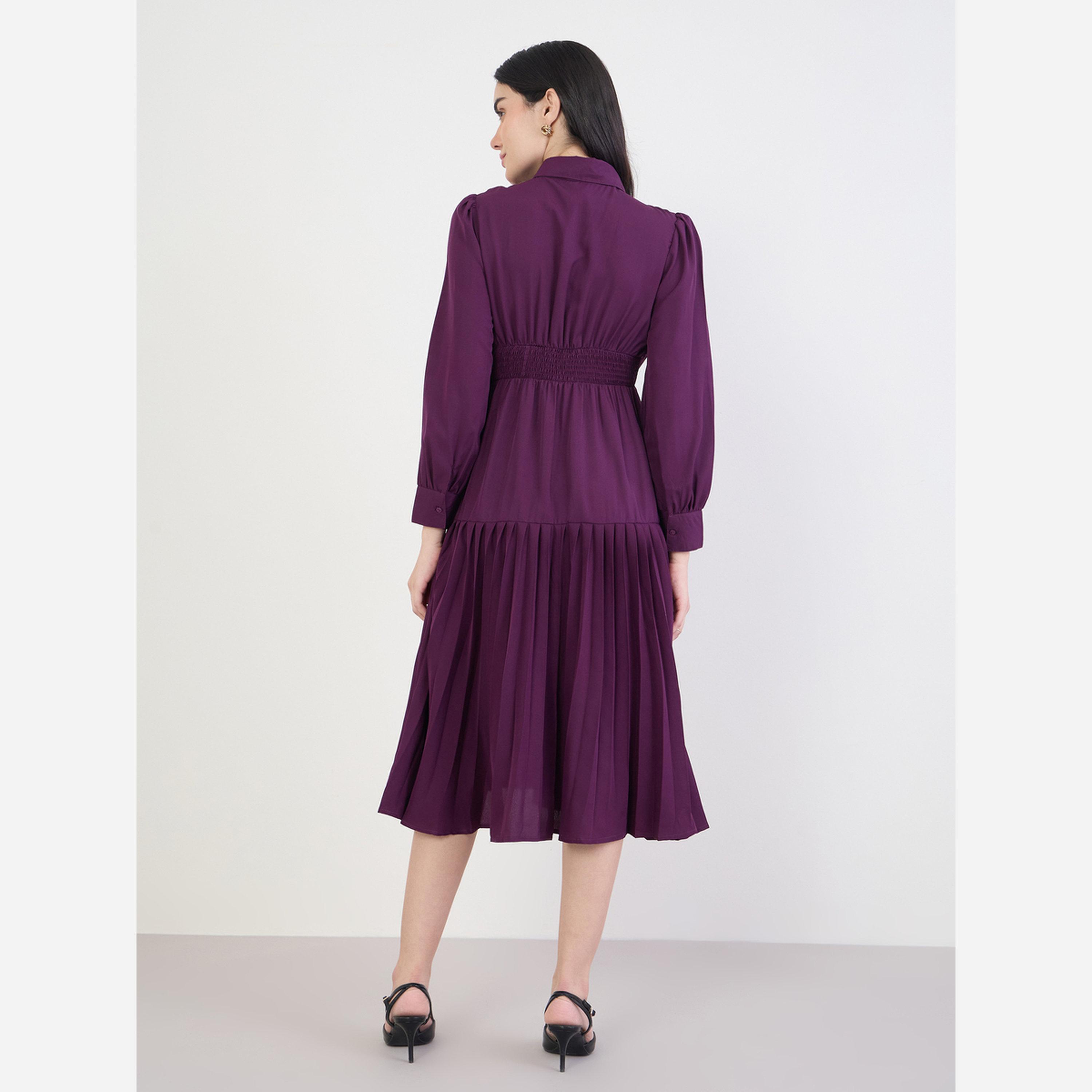 ستايلي - فستان متوسط الطول نسائي لون بنفسجي أكمام مطوية وأساور-women-clothing-dresses-image-3