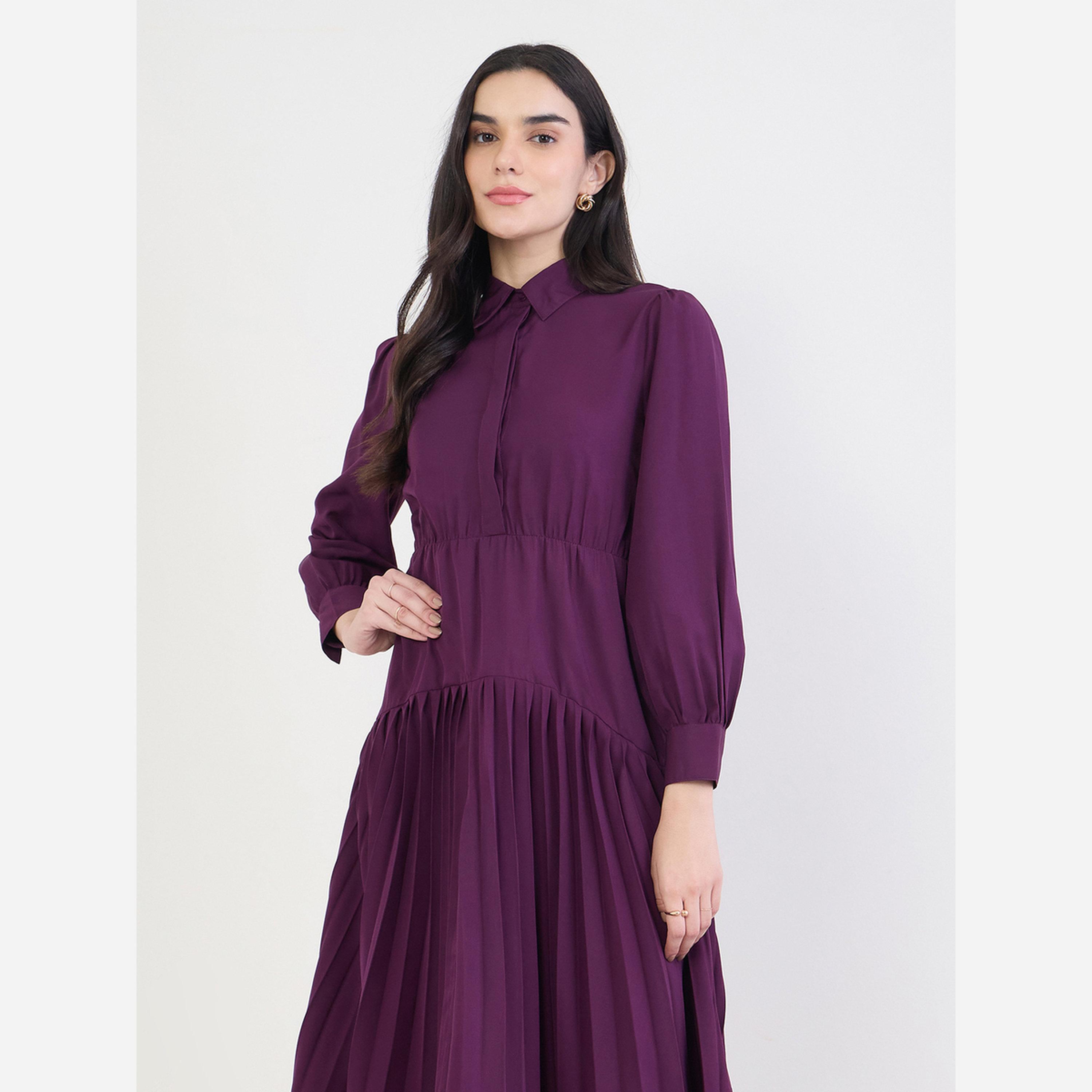 ستايلي - فستان متوسط الطول نسائي لون بنفسجي أكمام مطوية وأساور-women-clothing-dresses-image-4