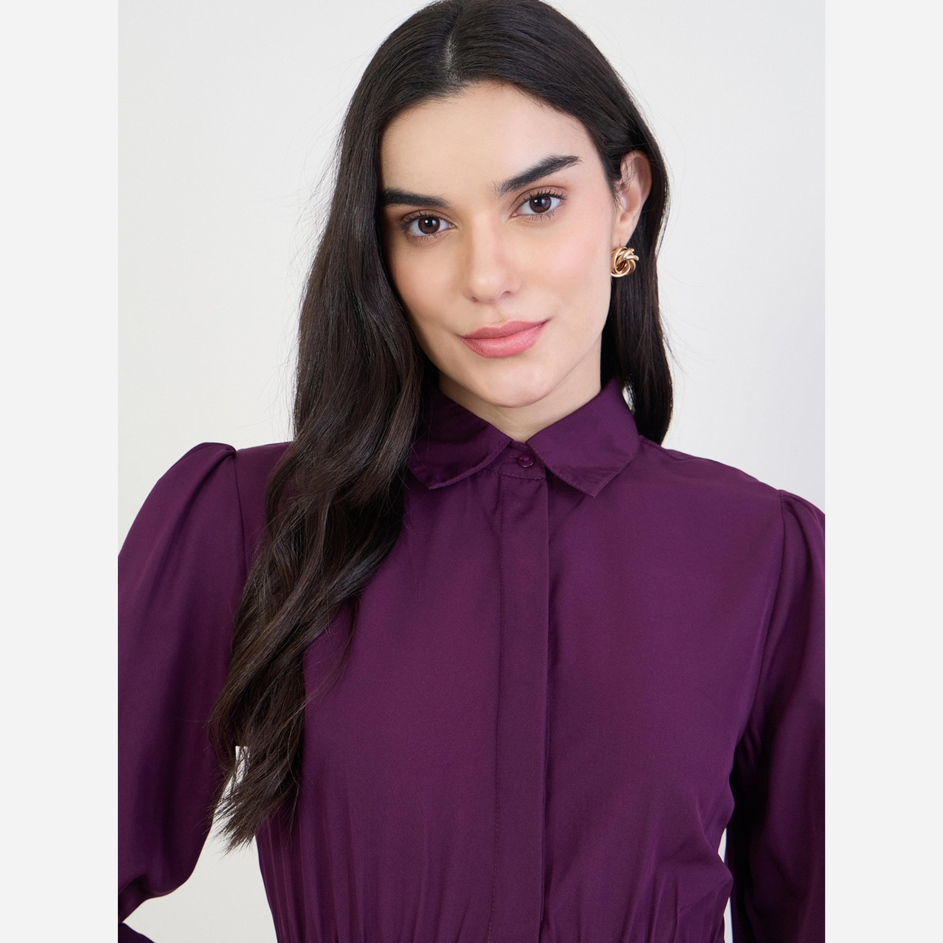 ستايلي - فستان متوسط الطول نسائي لون بنفسجي أكمام مطوية وأساور-women-clothing-dresses-image-5