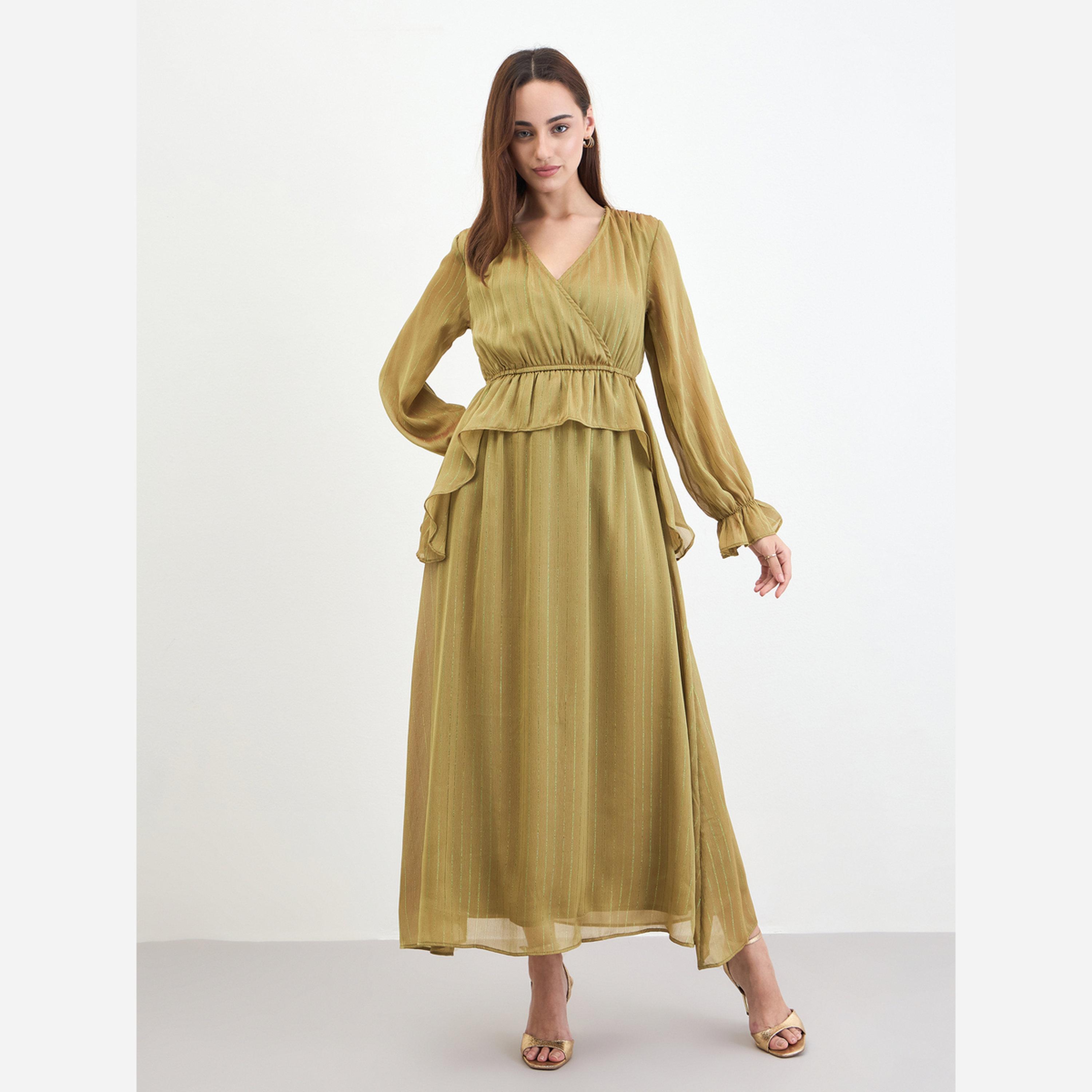 ستايلي - فستان متوسط الطول مقاس واسع من الأمام مكشكش-women-clothing-dresses-image-2
