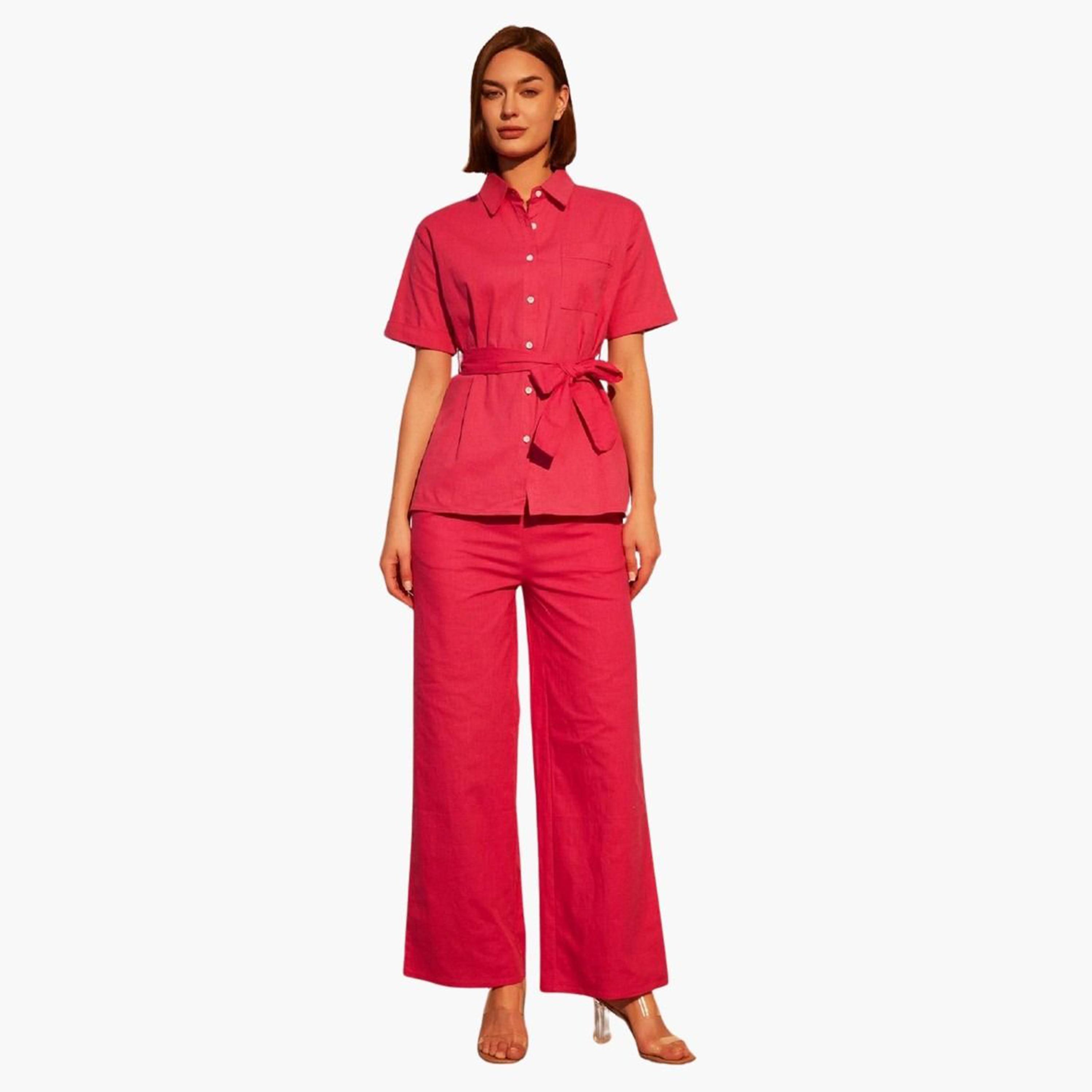 Take Two Women Solid Button Front Belted Shirt and Pants Co-Ords-women-clothing-coordsets-image-1