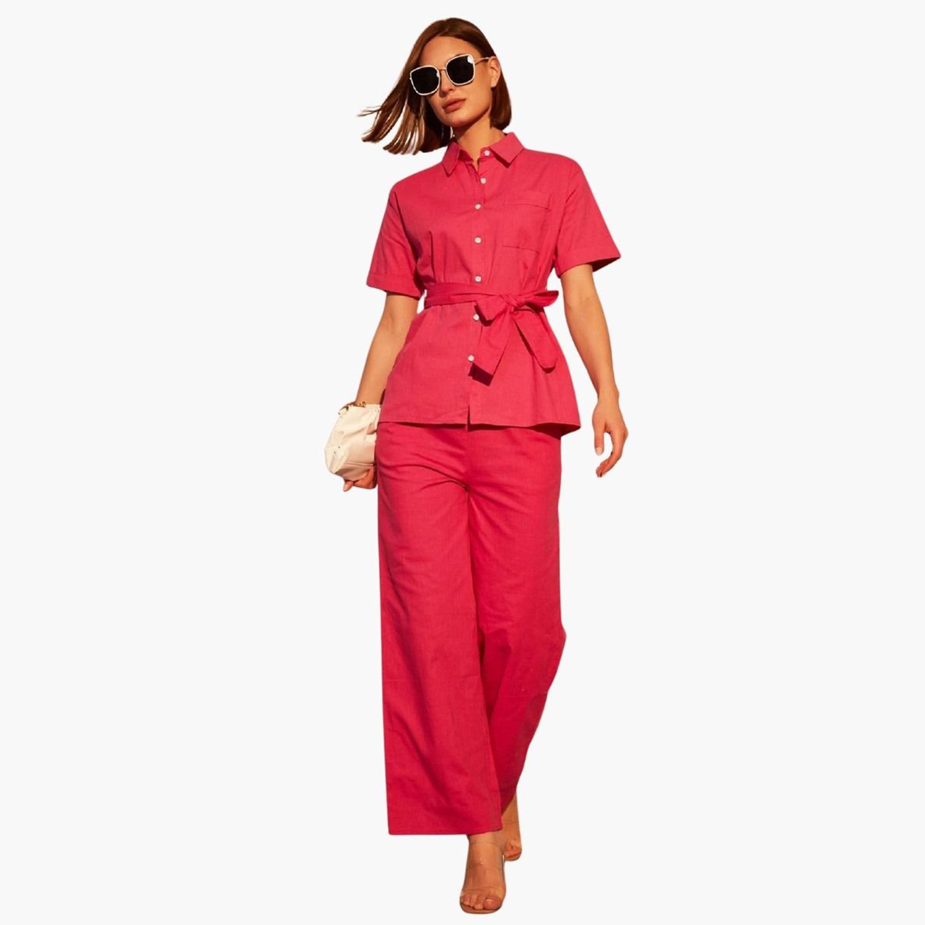 Take Two Women Solid Button Front Belted Shirt and Pants Co-Ords-women-clothing-coordsets-image-2