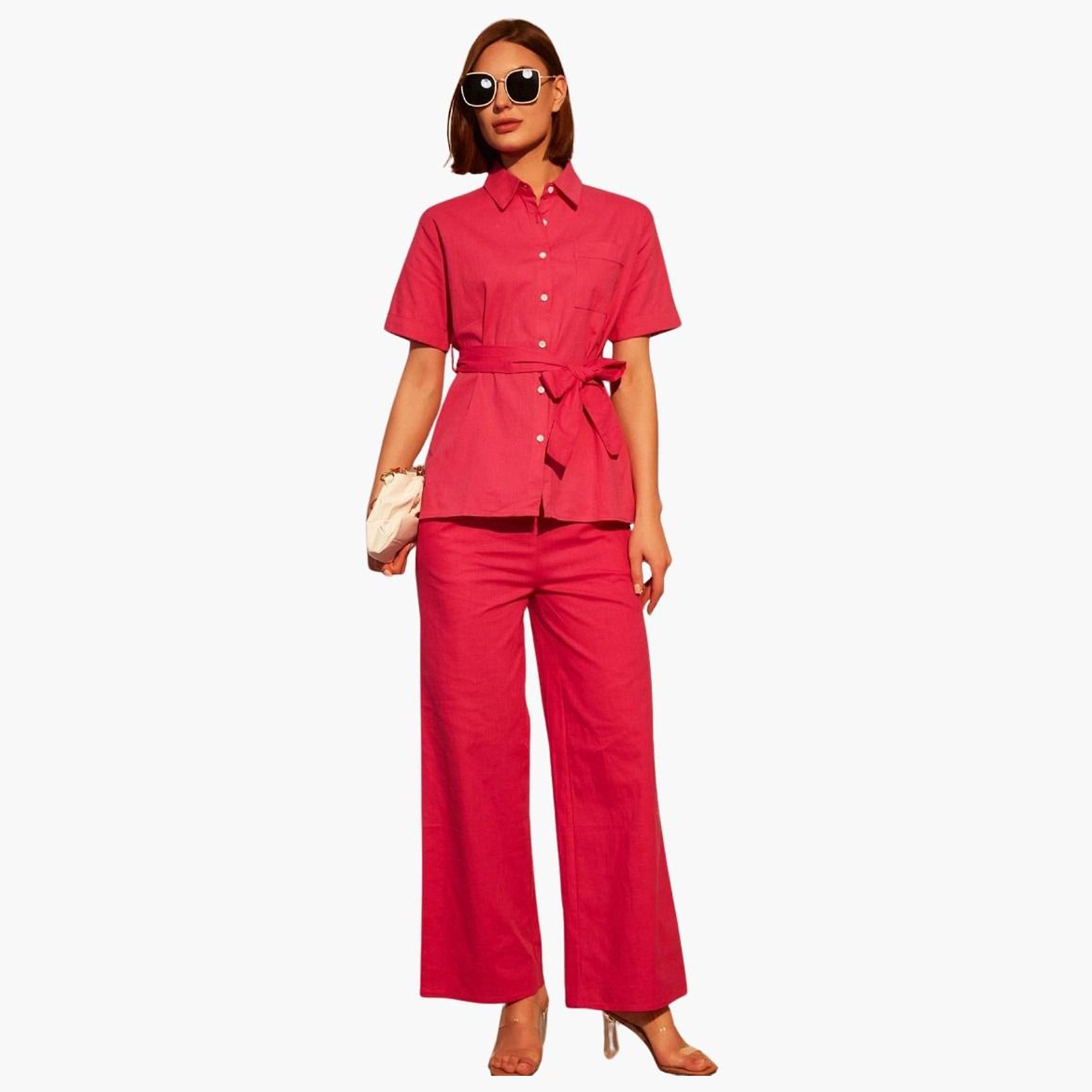 Take Two Women Solid Button Front Belted Shirt and Pants Co-Ords-women-clothing-coordsets-image-3
