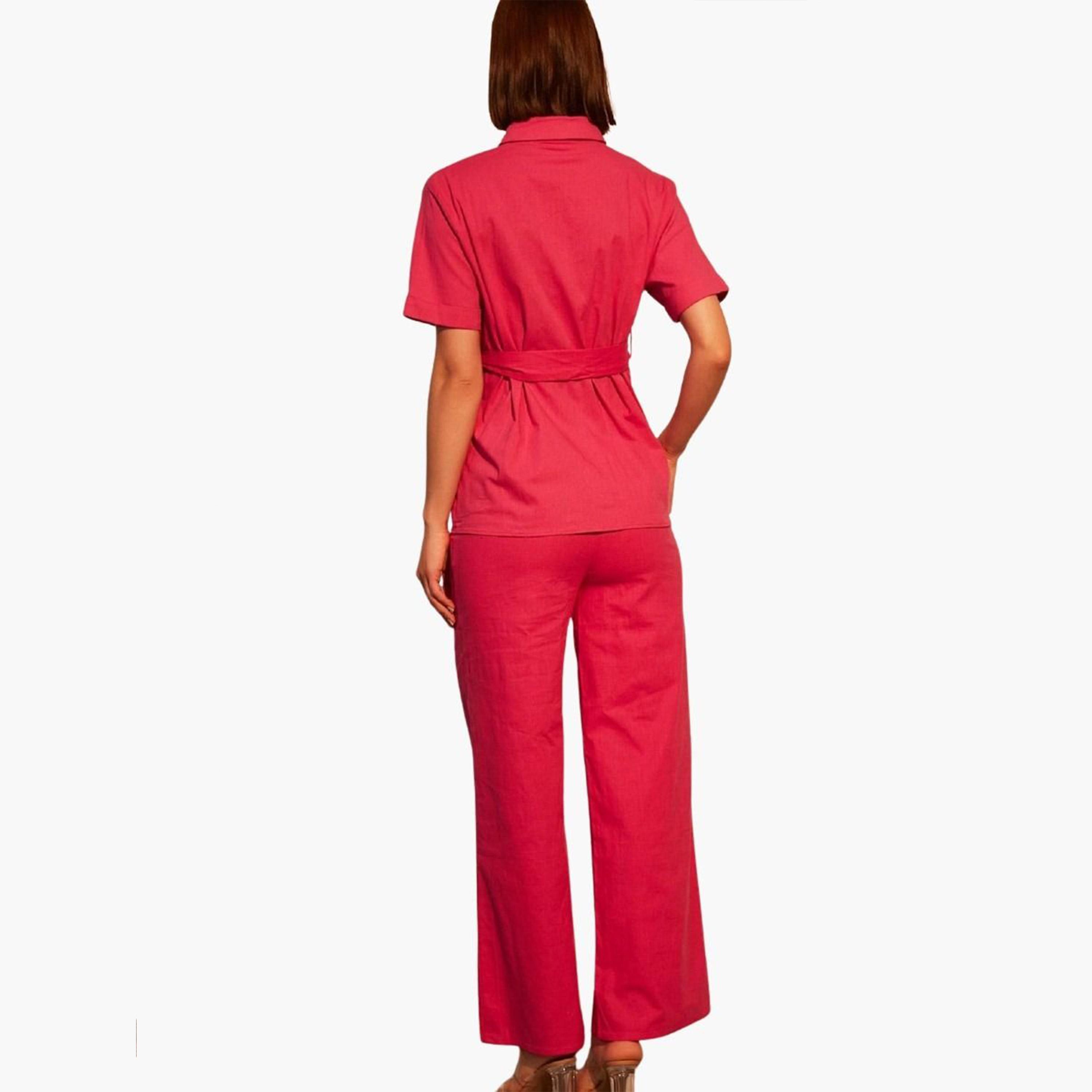 Take Two Women Solid Button Front Belted Shirt and Pants Co-Ords-women-clothing-coordsets-image-4