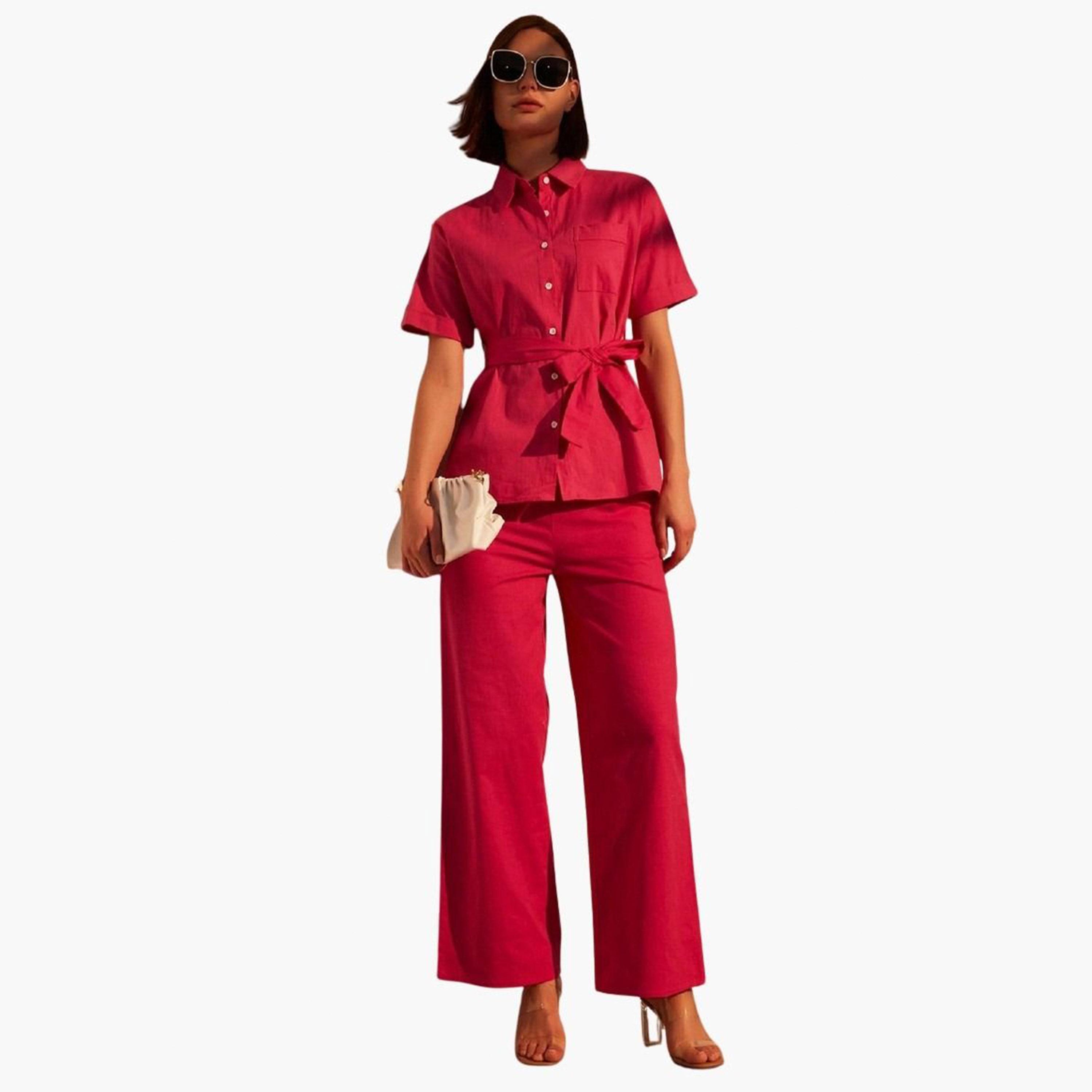 Take Two Women Solid Button Front Belted Shirt and Pants Co-Ords-women-clothing-coordsets-image-5