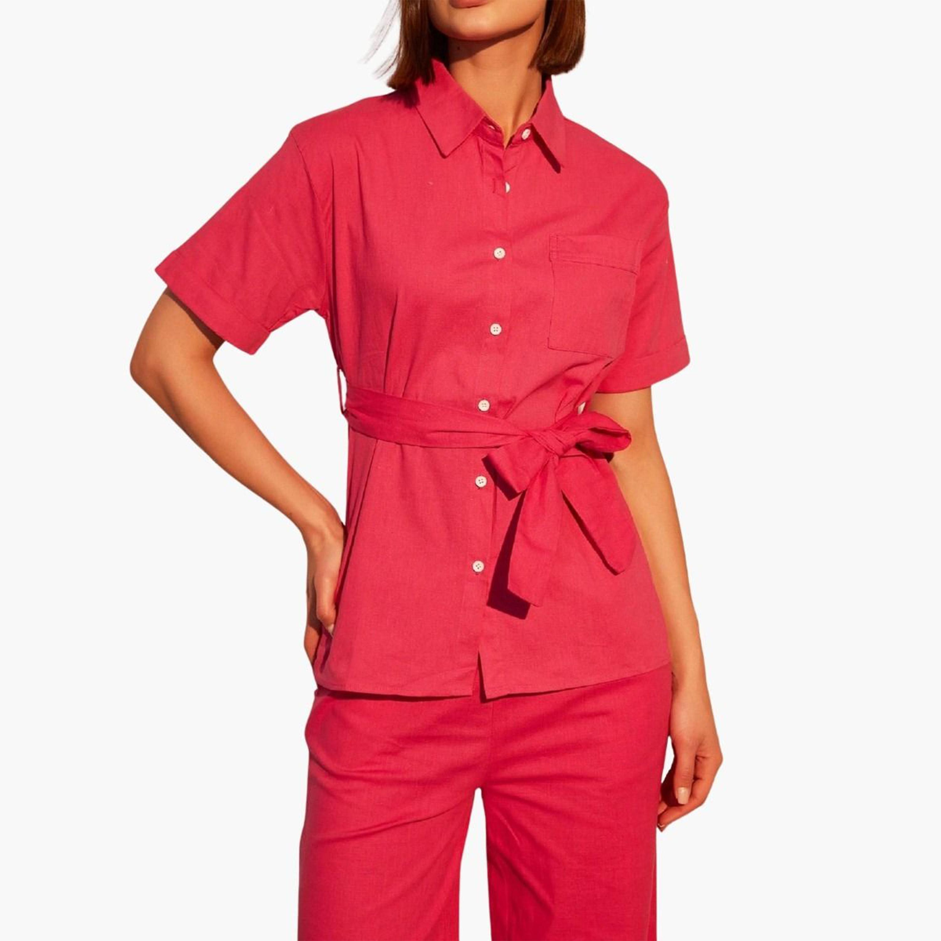 Take Two Women Solid Button Front Belted Shirt and Pants Co-Ords-women-clothing-coordsets-image-6
