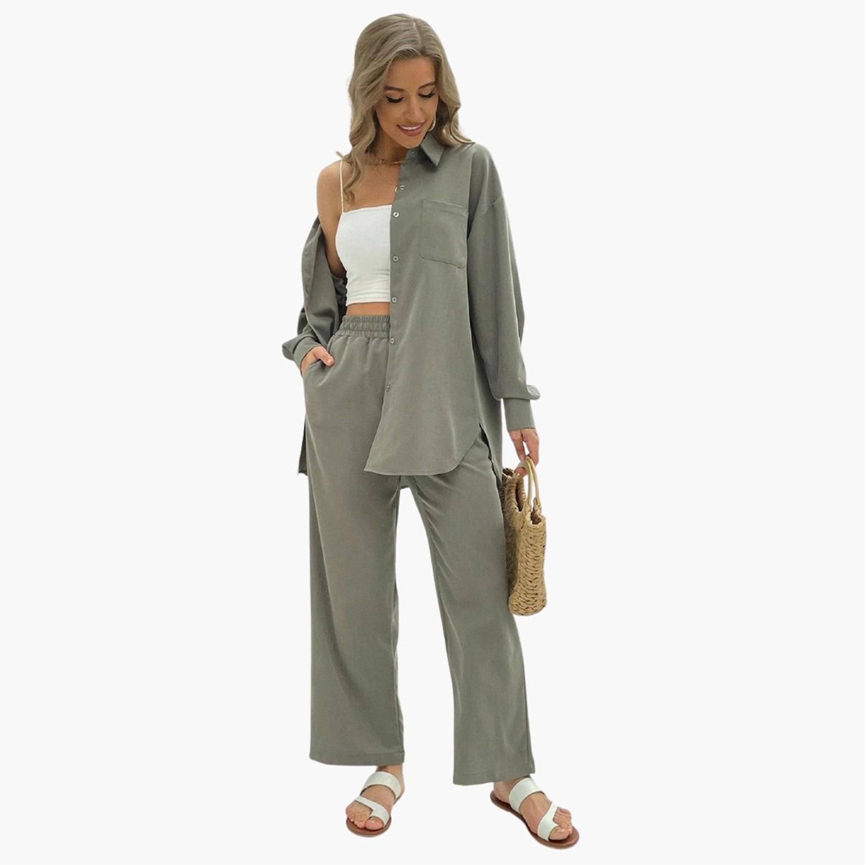 Take Two Solid Button Front Belted Shirt and Pants Co-Ords-women-clothing-coordsets-image-1