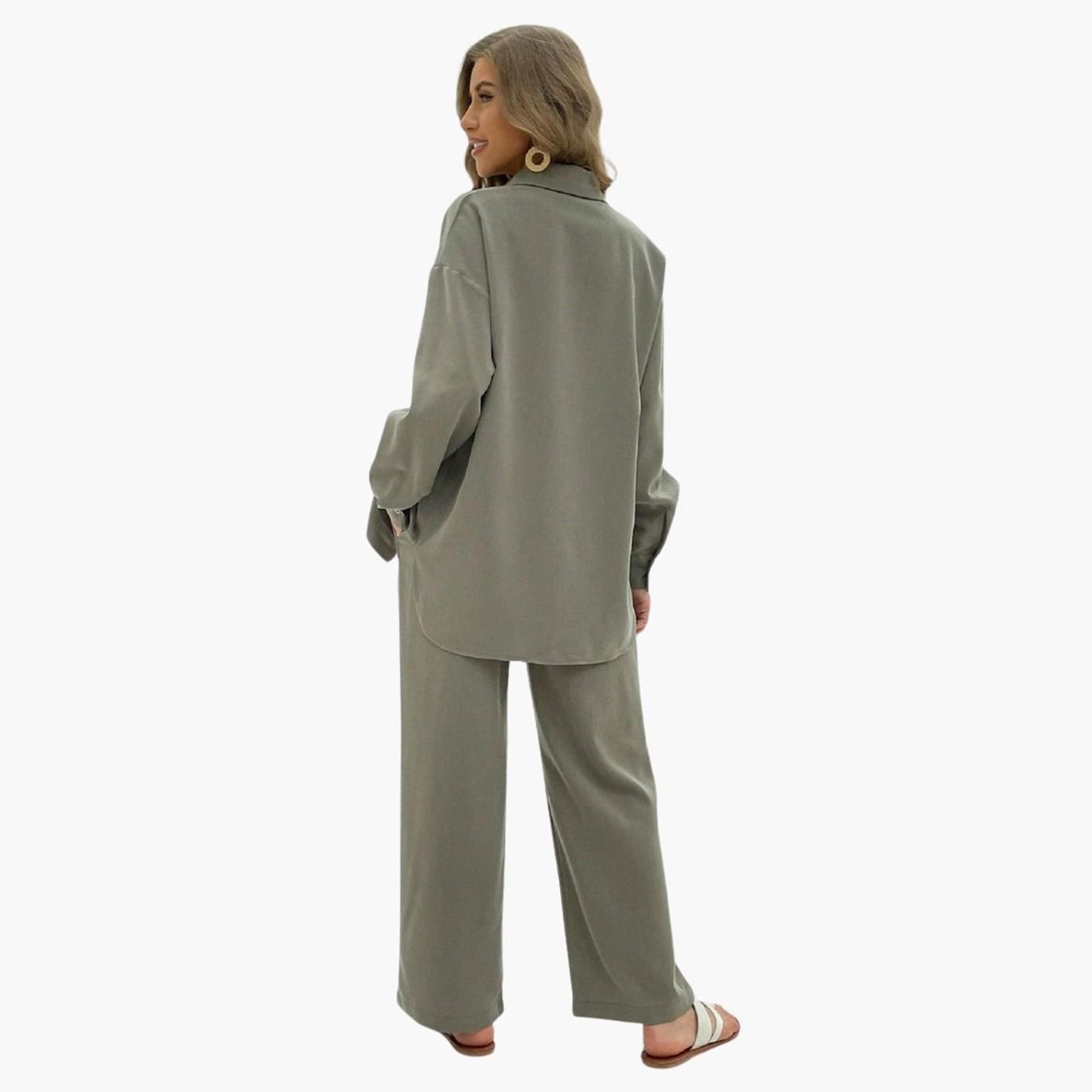 Take Two Solid Button Front Belted Shirt and Pants Co-Ords-women-clothing-coordsets-image-2