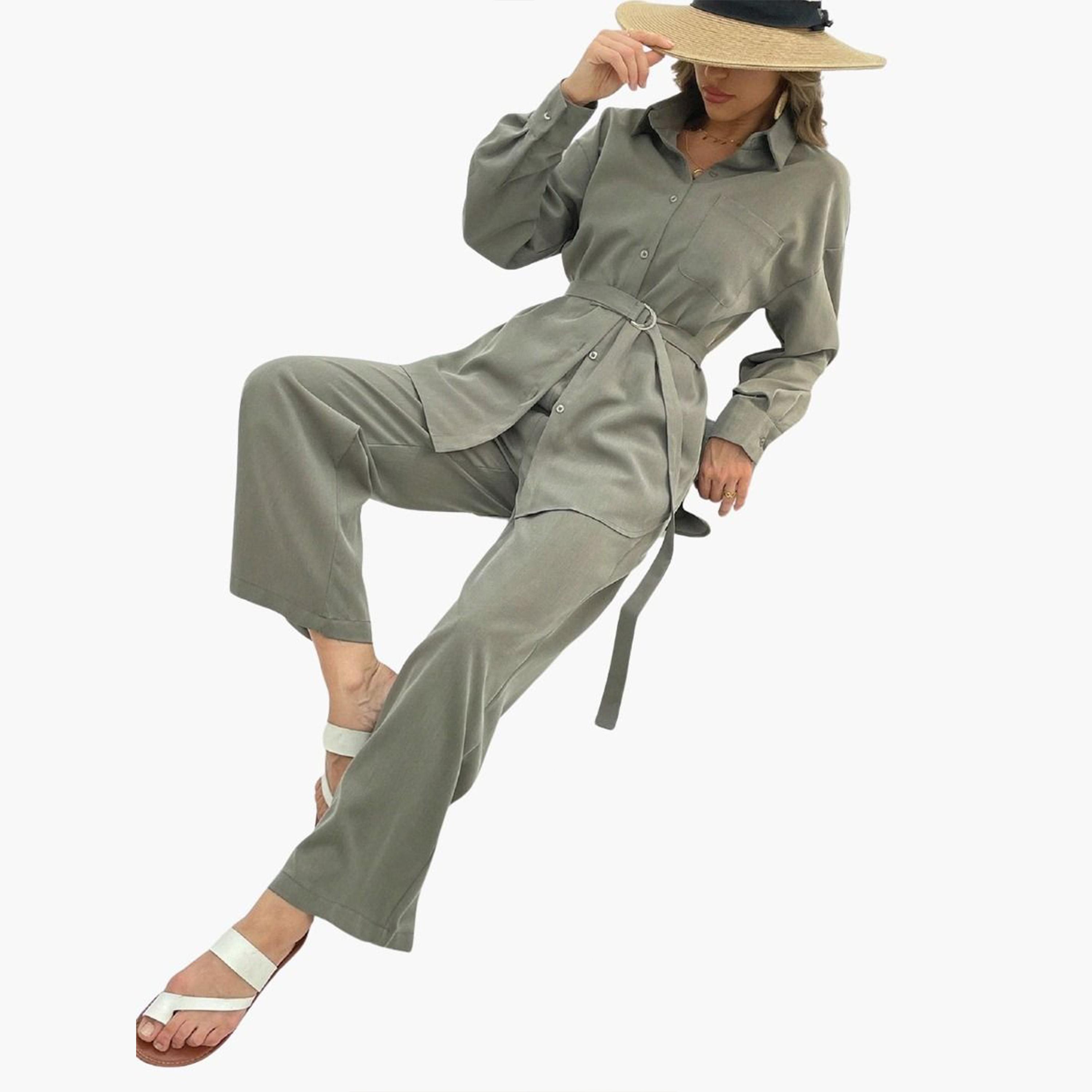 Take Two Solid Button Front Belted Shirt and Pants Co-Ords-women-clothing-coordsets-image-4