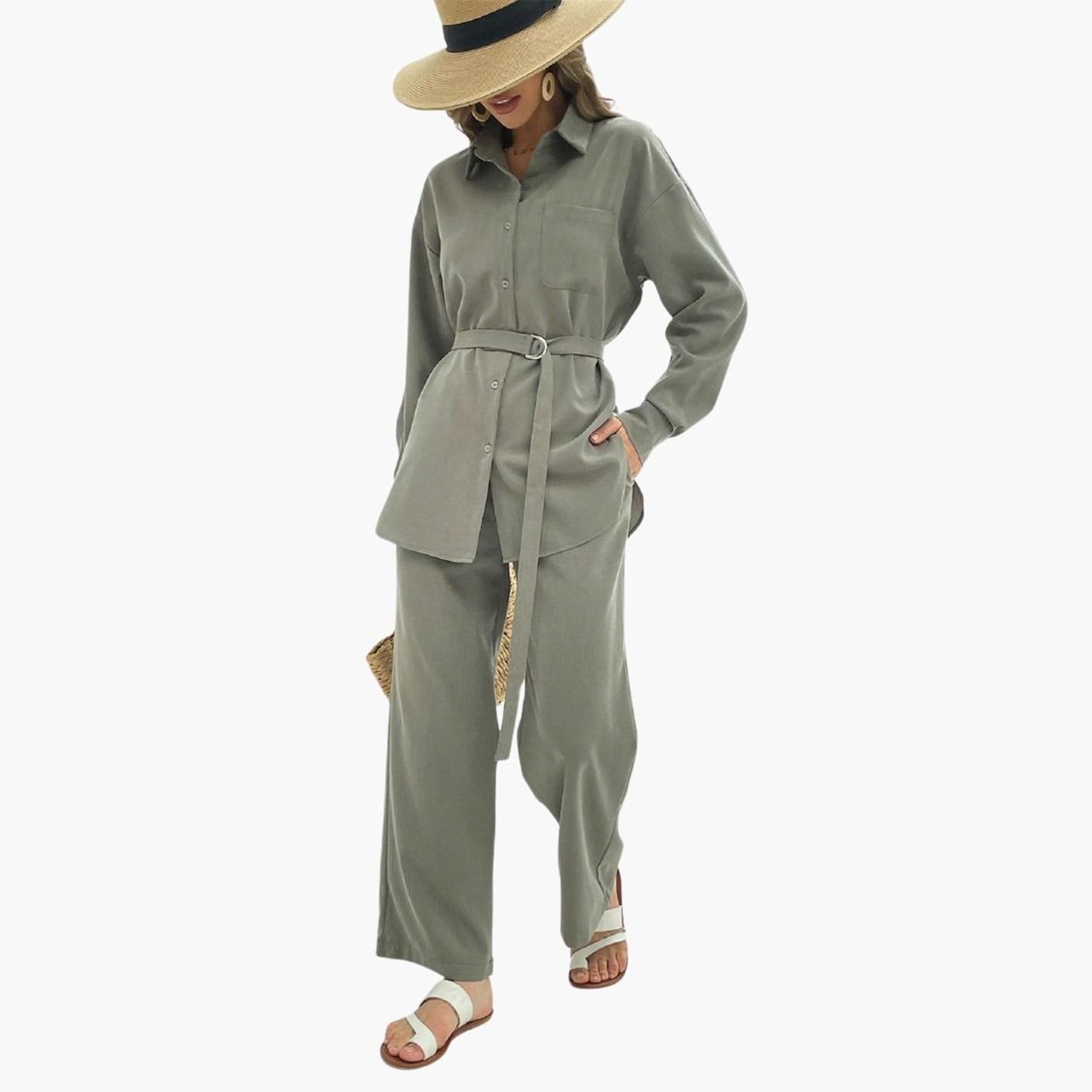 Take Two Solid Button Front Belted Shirt and Pants Co-Ords-women-clothing-coordsets-image-5